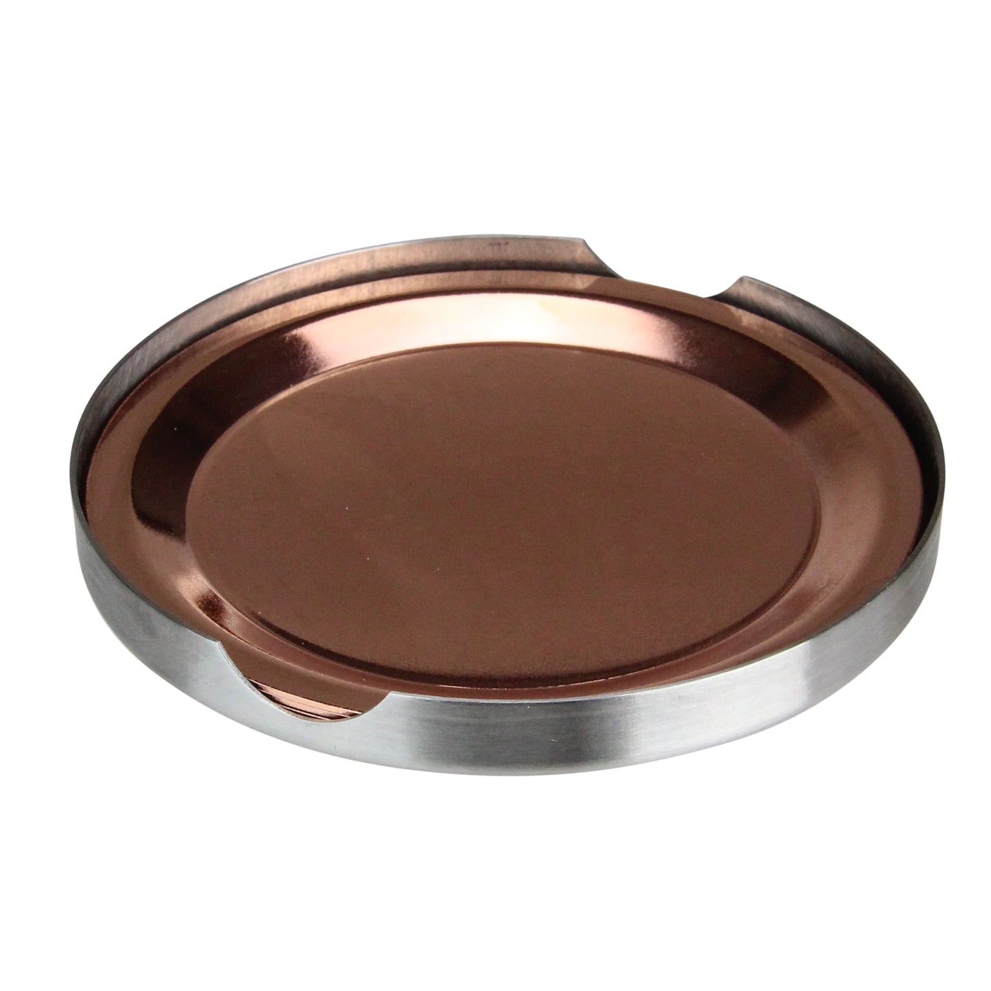 Avon Round Stainless Steel Coasters with Holder - 3.75" - Copper - Set of 4