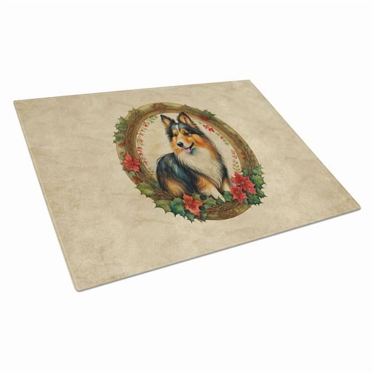 Sheltie Christmas Flowers Glass Cutting Board 12 in x 15 in