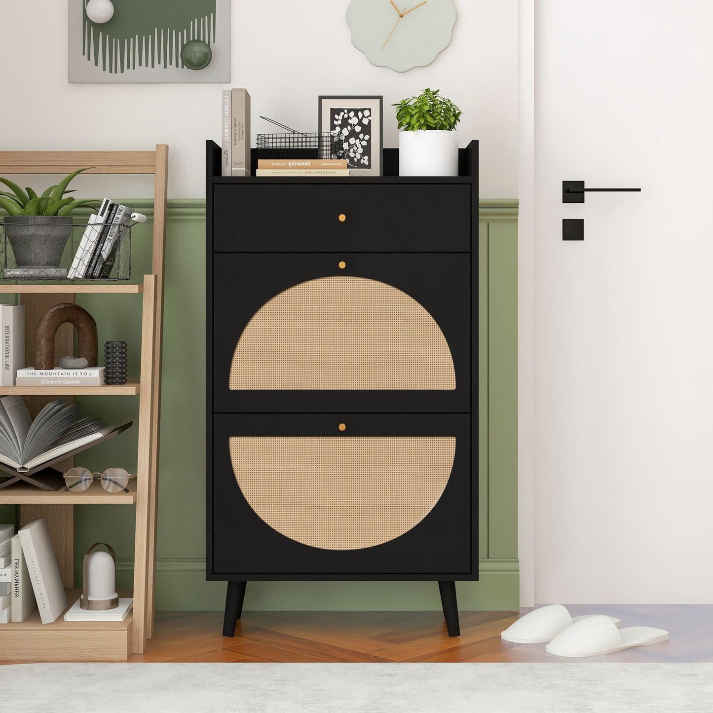 Shoe Rack, Entryway Cabinet, Rattan Shoe Cabinet with 2 Doors 1 Drawer and Double Shelf, Black for Entryway