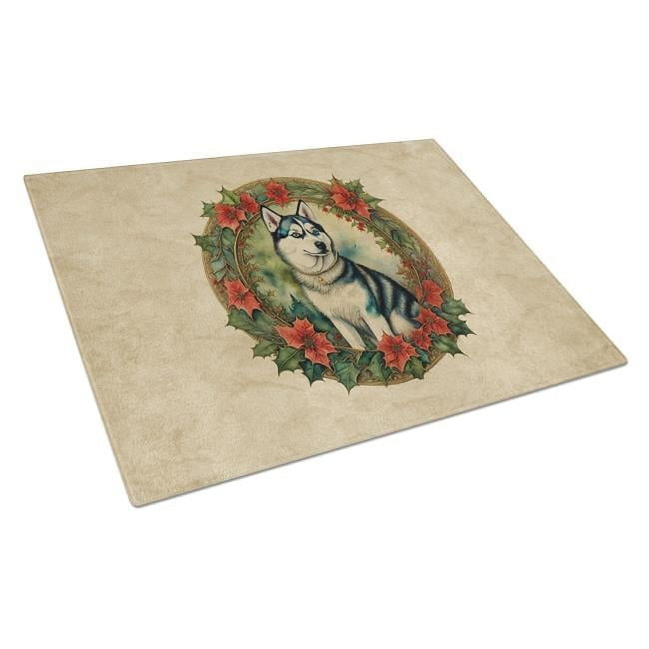 Siberian Husky Christmas Flowers Glass Cutting Board 12 in x 15 in