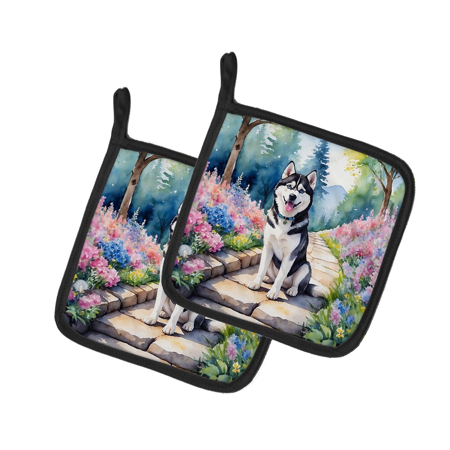 Siberian Husky Spring Path Pair of Pot Holders 7.5 in x 7.5 in