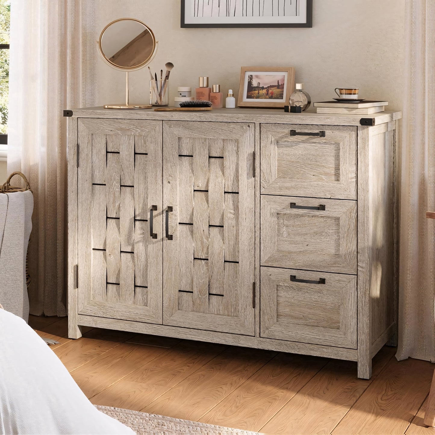 Caffoz 43 Inch Farmhouse Sideboard Buffet Cabinet with Drawers and Shelves Light Gray