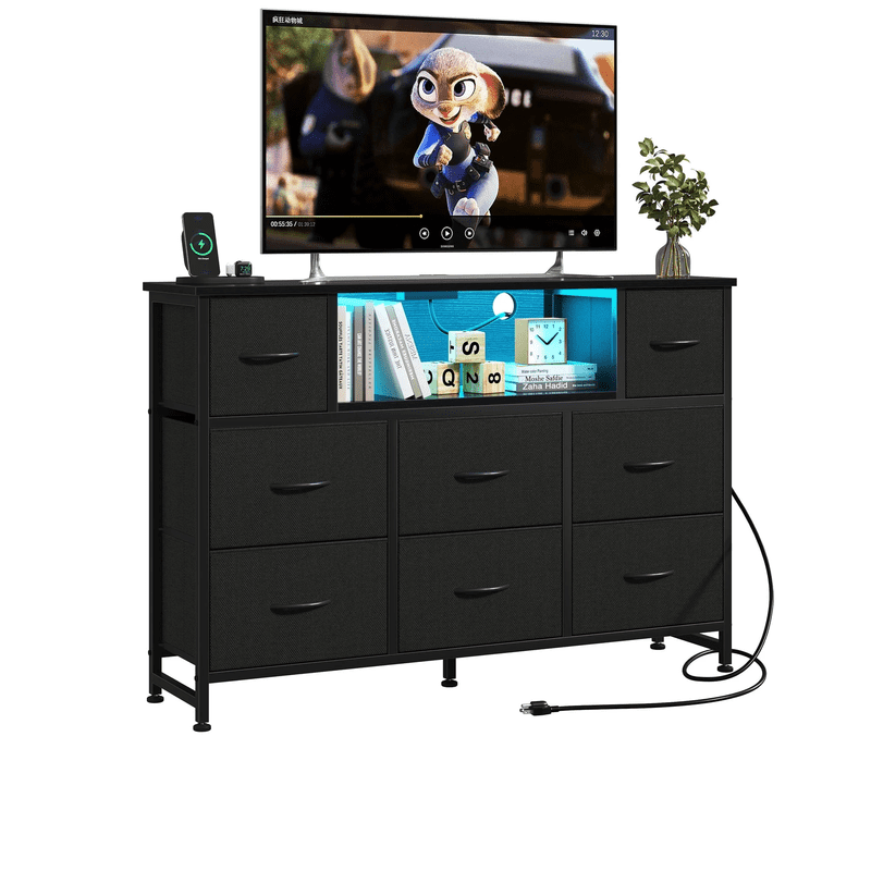Simple Deluxe Adult TV Stand Dresser with 8 Fabric Drawers, Open Shelves, LED Lights, Charging Station, Wood Top for 45-55 in TVs, Brown
