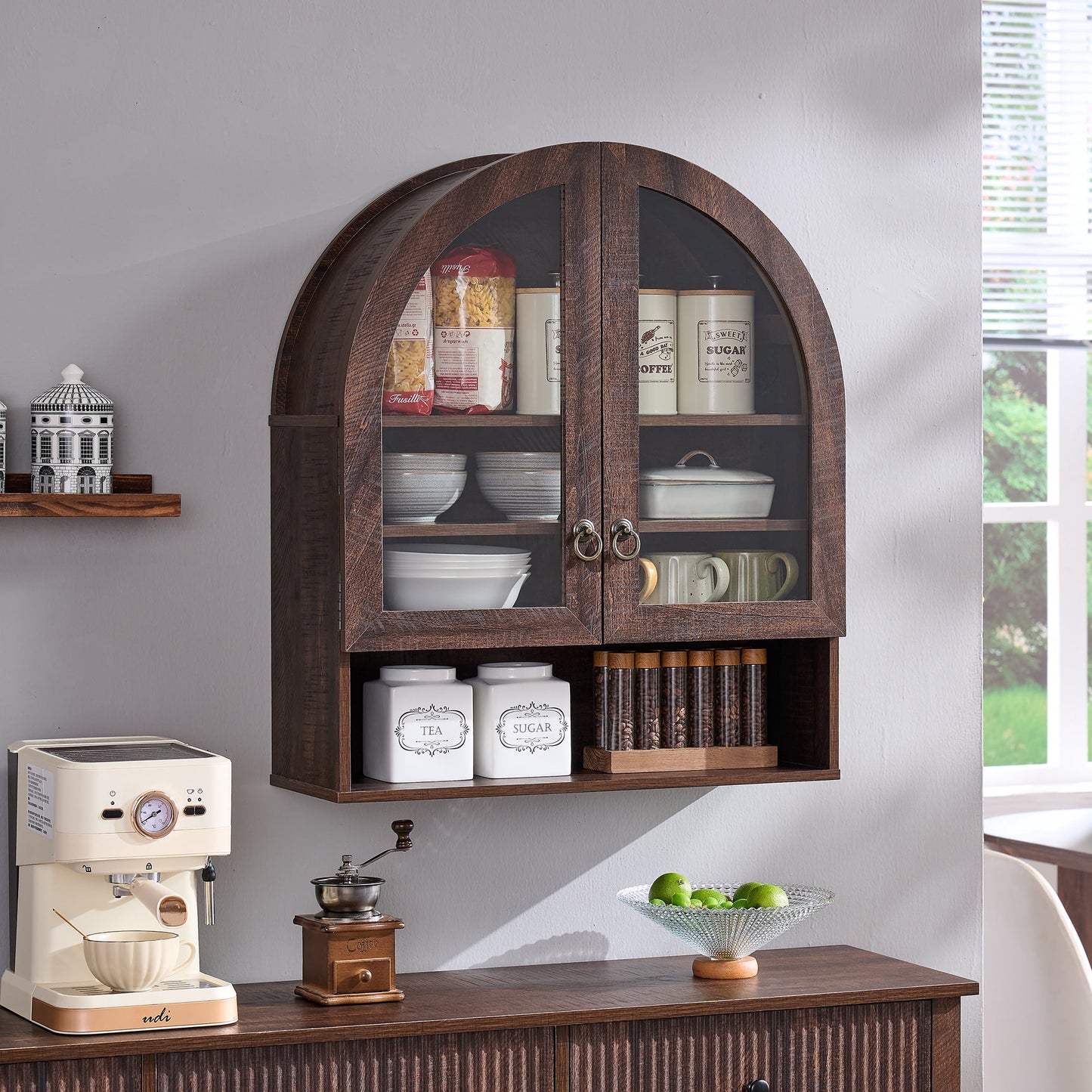 SinCiDo Arched Wall Cabinet with Adjustable Shelves & Glass Doors, Brown