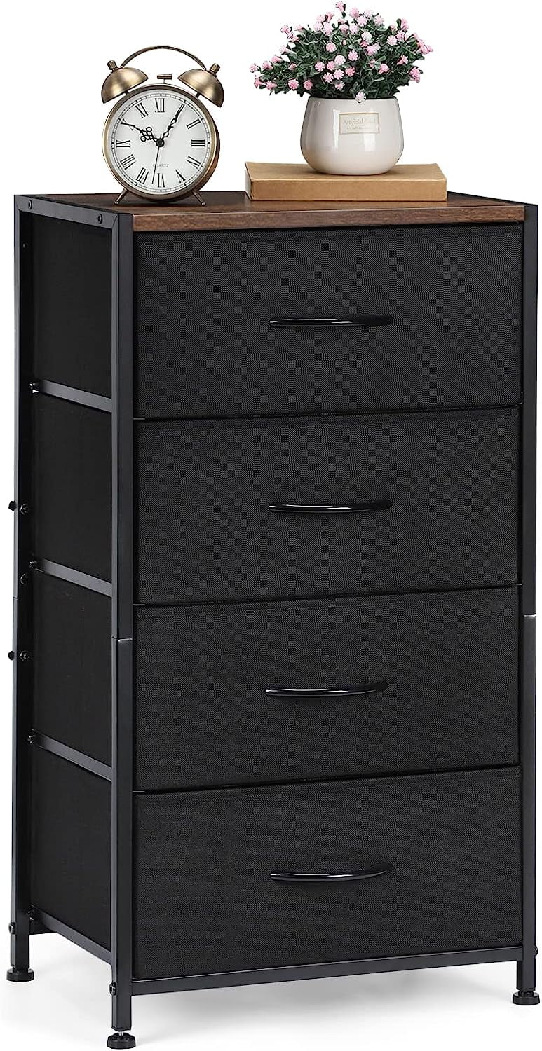 Small Nightstand Dresser, 4 Drawer Fabric Storage Bins Organizer, Black