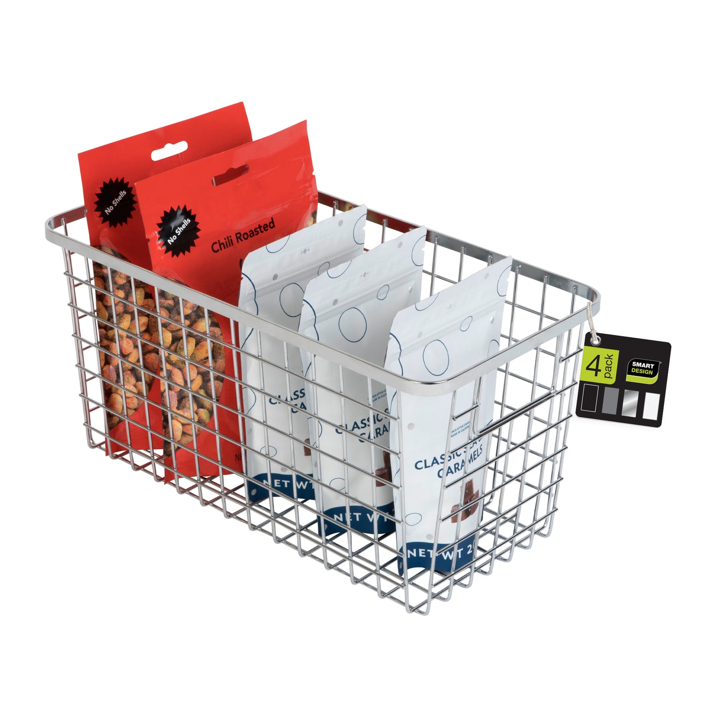 Smart Design Nestable Basket Organizer with Handles - 6 x 12 x 6 inches - Chrome - Set of 4