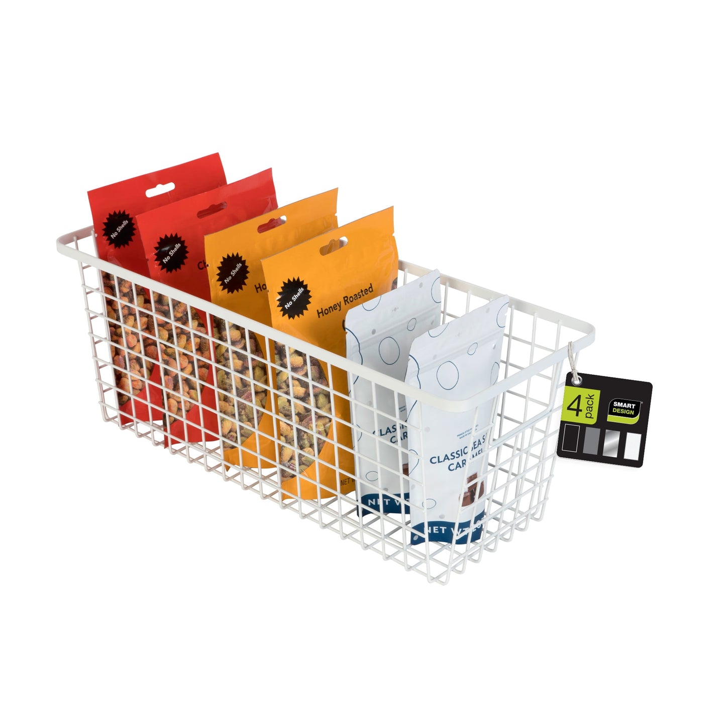 Smart Design Nestable Basket Organizer with Handles - 6 x 16 x 6 inches - White - Set of 4