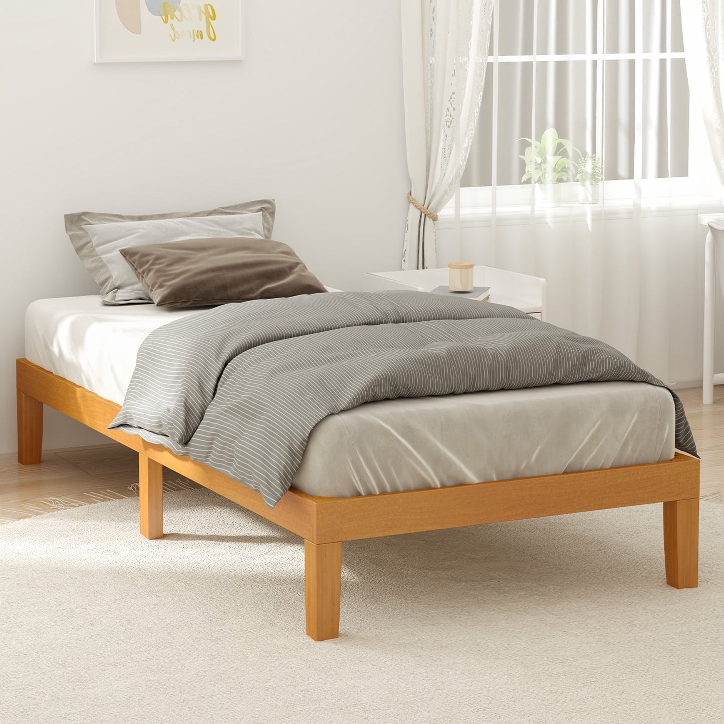 Solid Wood Bed Frame, Bed Base with Wood Slat Support, No Box Spring Needed,Twin Size