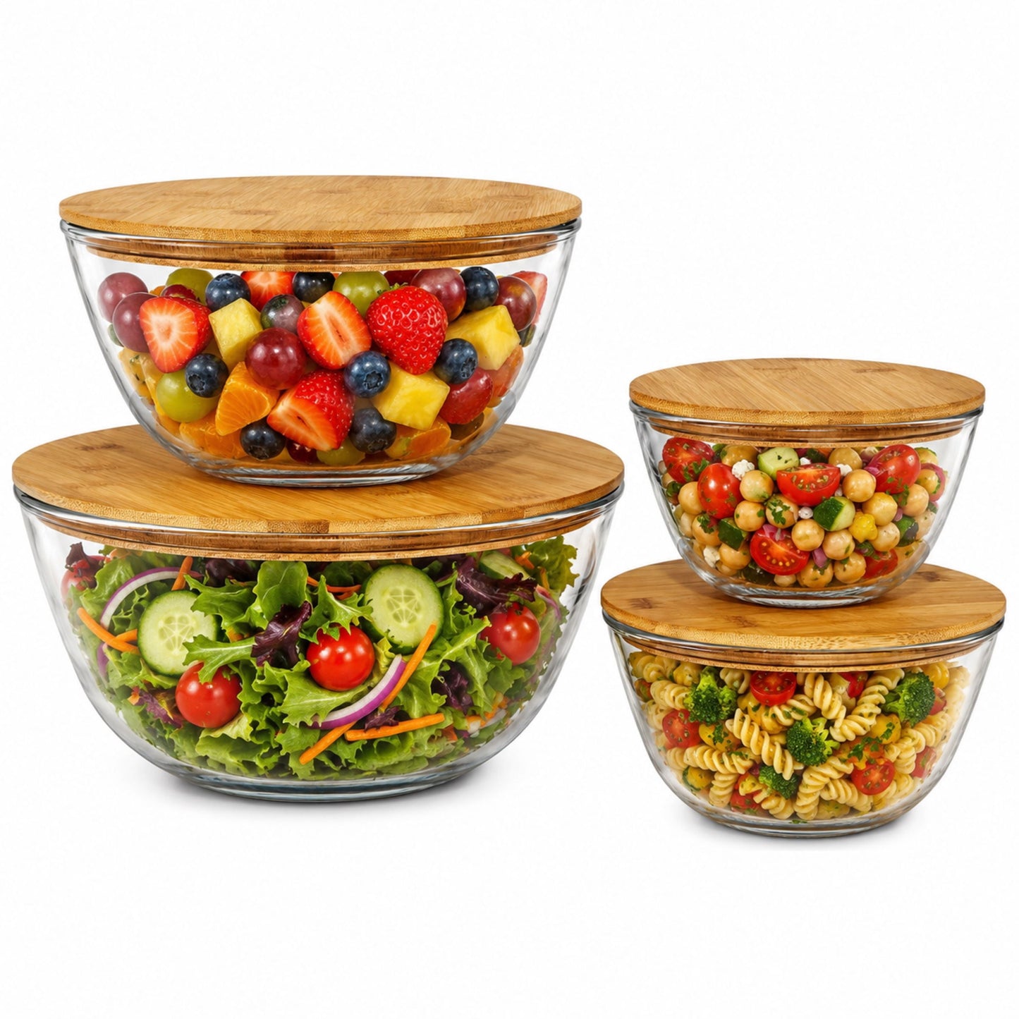 Sorbus 4-Piece Glass Mixing Bowl Set with Airtight Bamboo Lids, Assorted Sizes, Nesting Storage Bowls