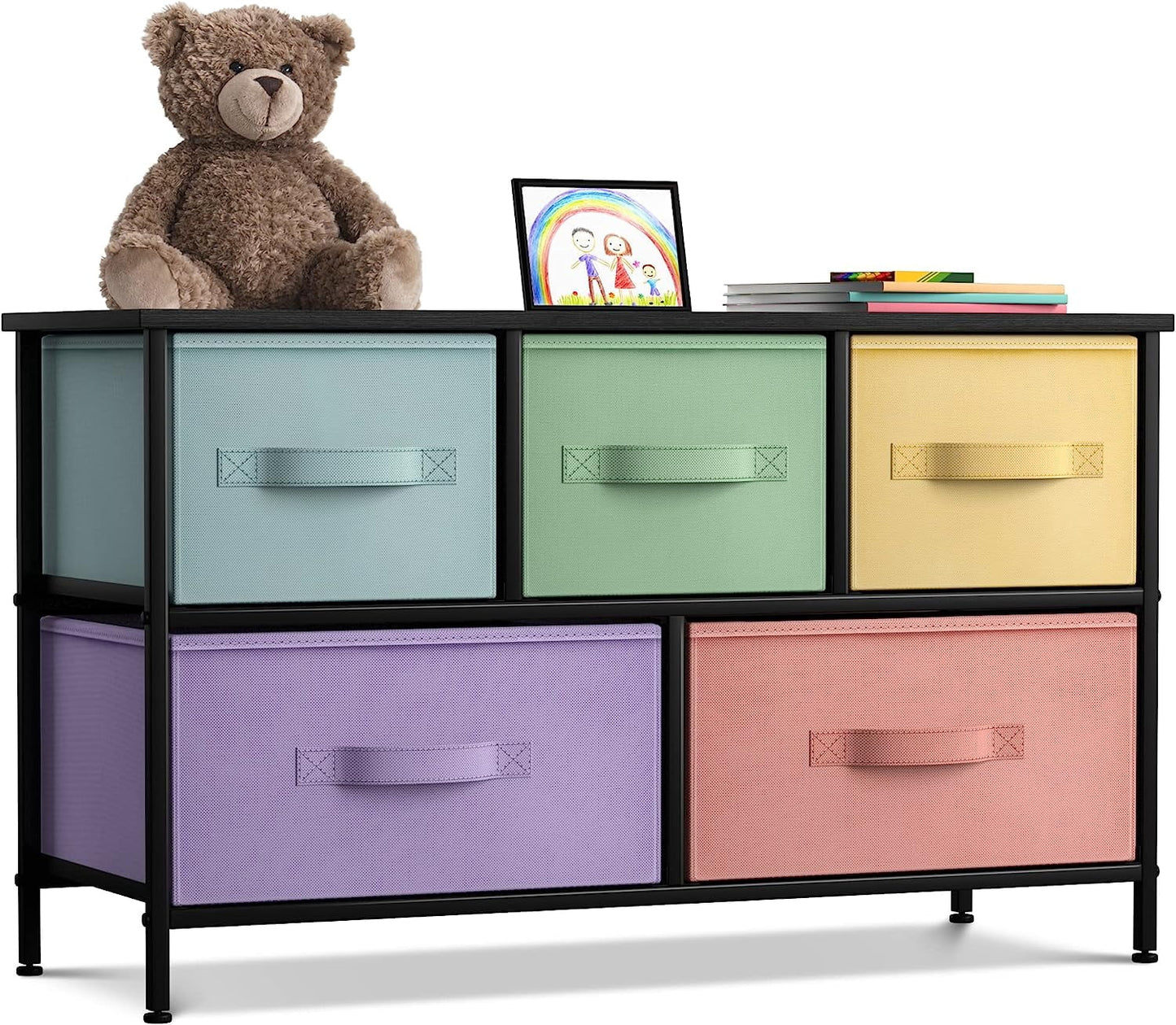 Sorbus 5-Drawer Dresser Storage Chest, Steel Frame, Wood Top, Fabric Bins, Black Multi Pastel