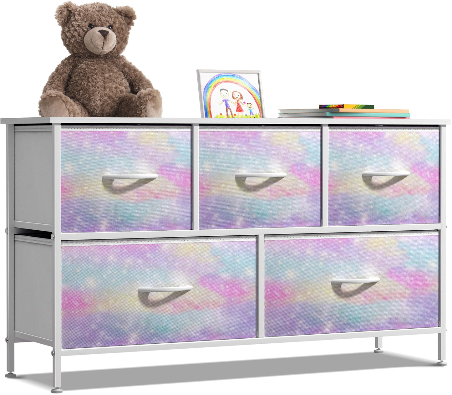 Sorbus 5-Drawer Dresser Storage Chest, Steel Frame, Wood Top, Fabric Bins, Rainbow Sparkle