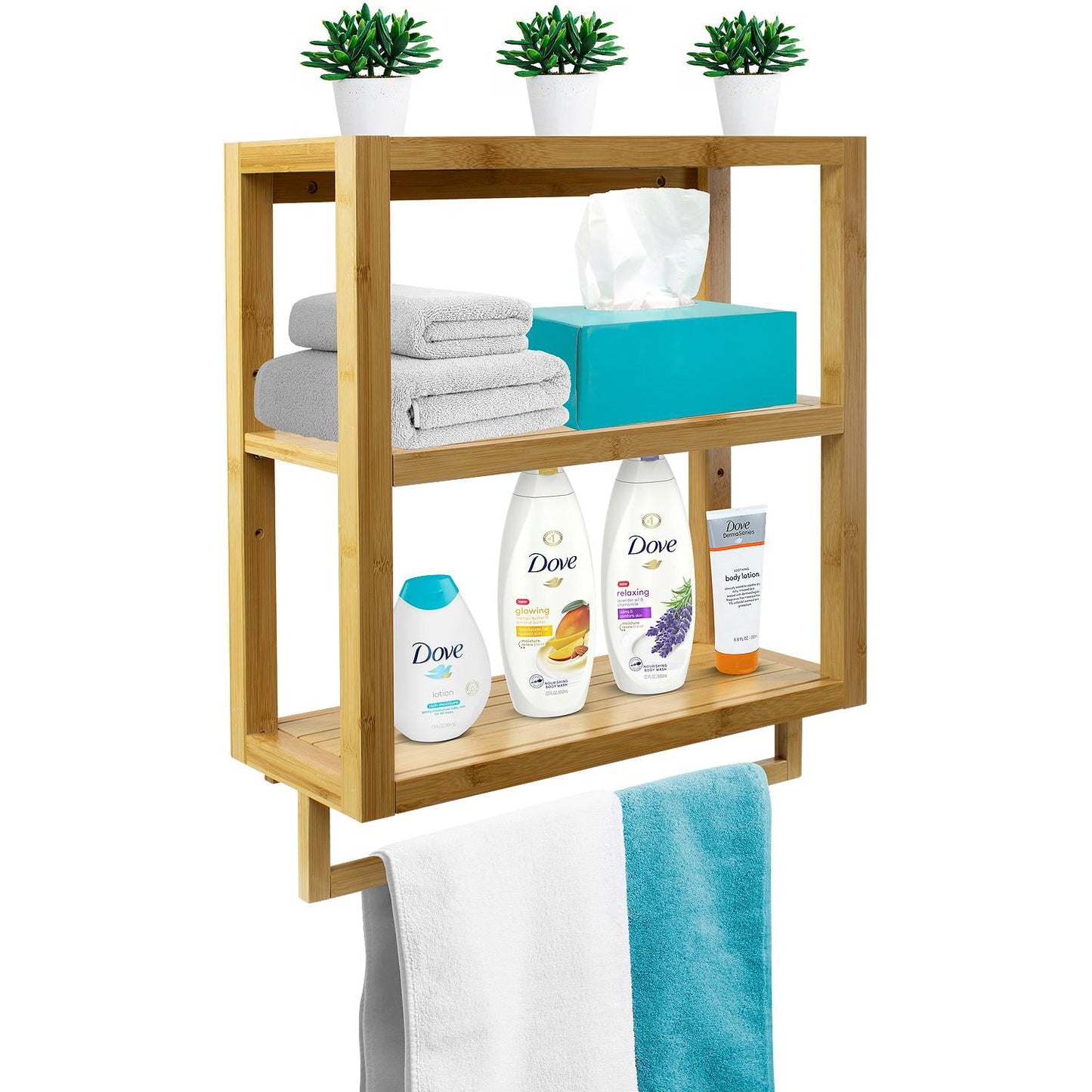 Sorbus Bamboo Wall Mounted Rack, 3-Tier Storage Shelf with Rail Bar for Bathroom & Kitchen