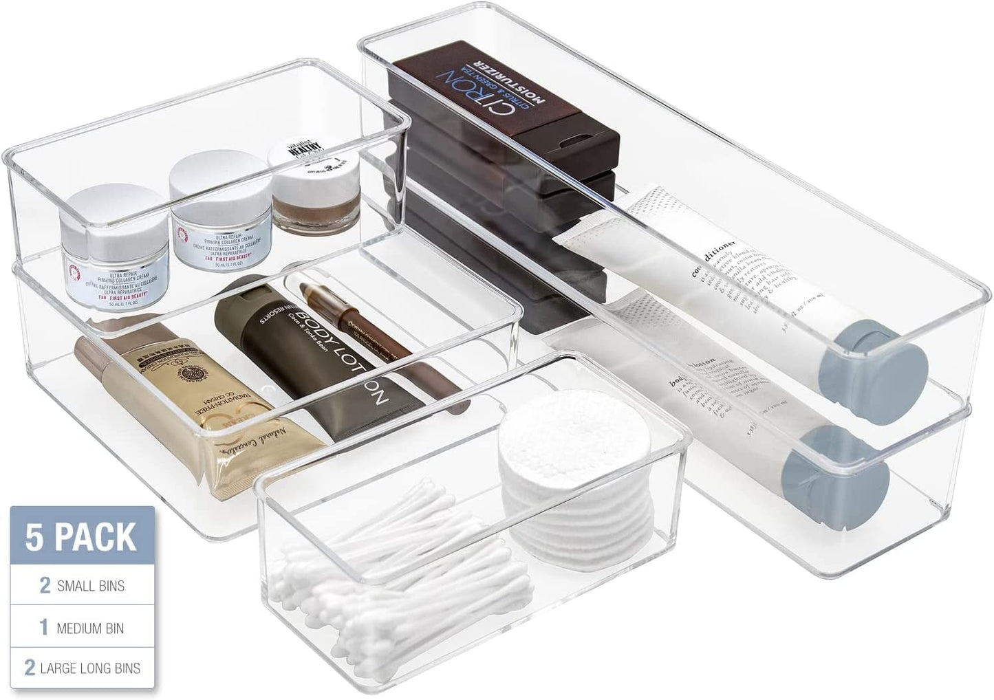 Sorbus Juego de 5 Contenedores Organizadores de Almacenamiento de Cajón de Plástico Transparente - Organización para Belleza, Cocina, Oficina