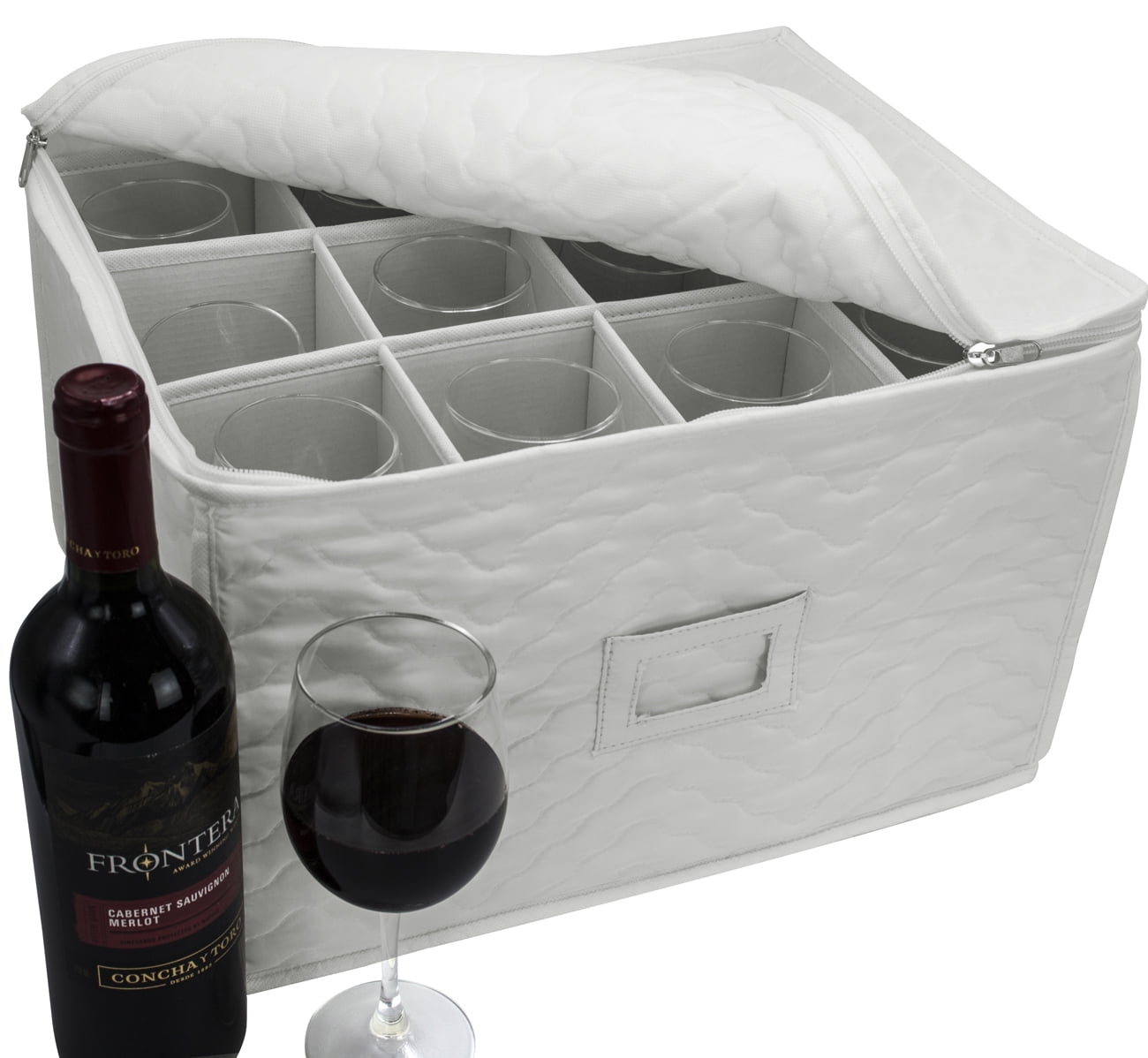 Sorbus Stemware Storage Chest - Deluxe Quilted Case with Dividers - Service for 12 - Great for Protecting or Transporting Wine Glasses, Champagne Flutes, Goblets, and more (Beige)