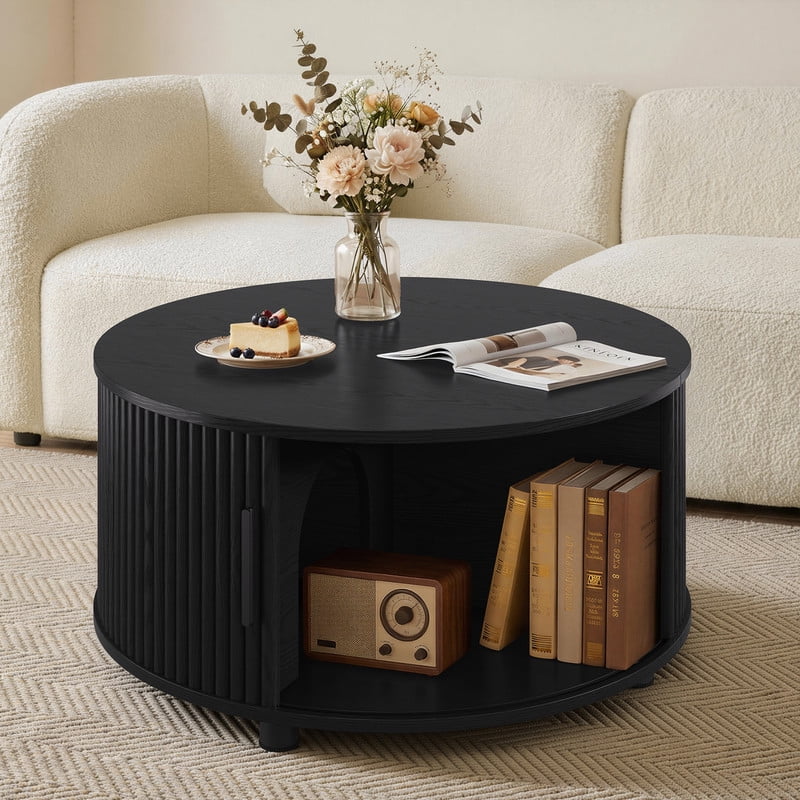 Spruce & Spring 31.5" Round Lift-Top Coffee Table with Storage, Fluted Drum Table with Sliding Door & Curved Pet Opening, Mid-Century Modern Wood Coffee Table for Living Room and Small Spaces, Black