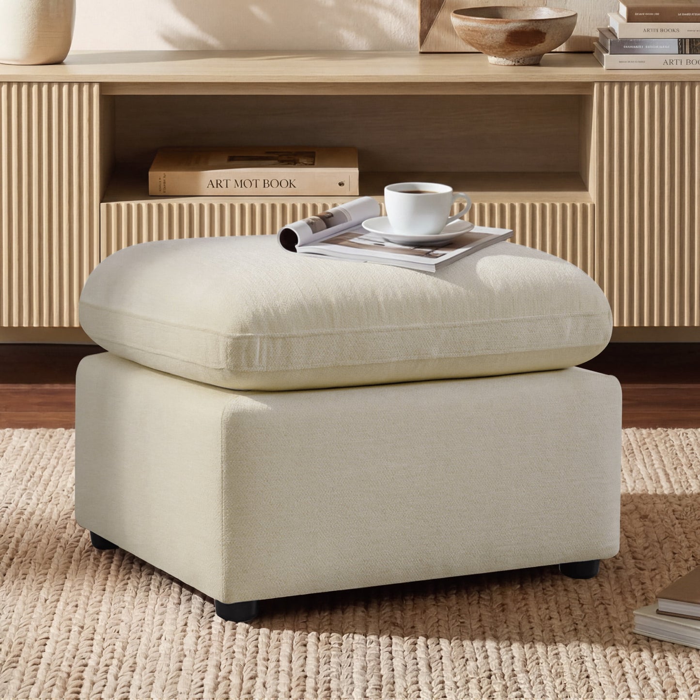 Spruce & Spring Upholstered Ottoman Footstool with Padded Cushion for Living Room and Bedroom, Sand