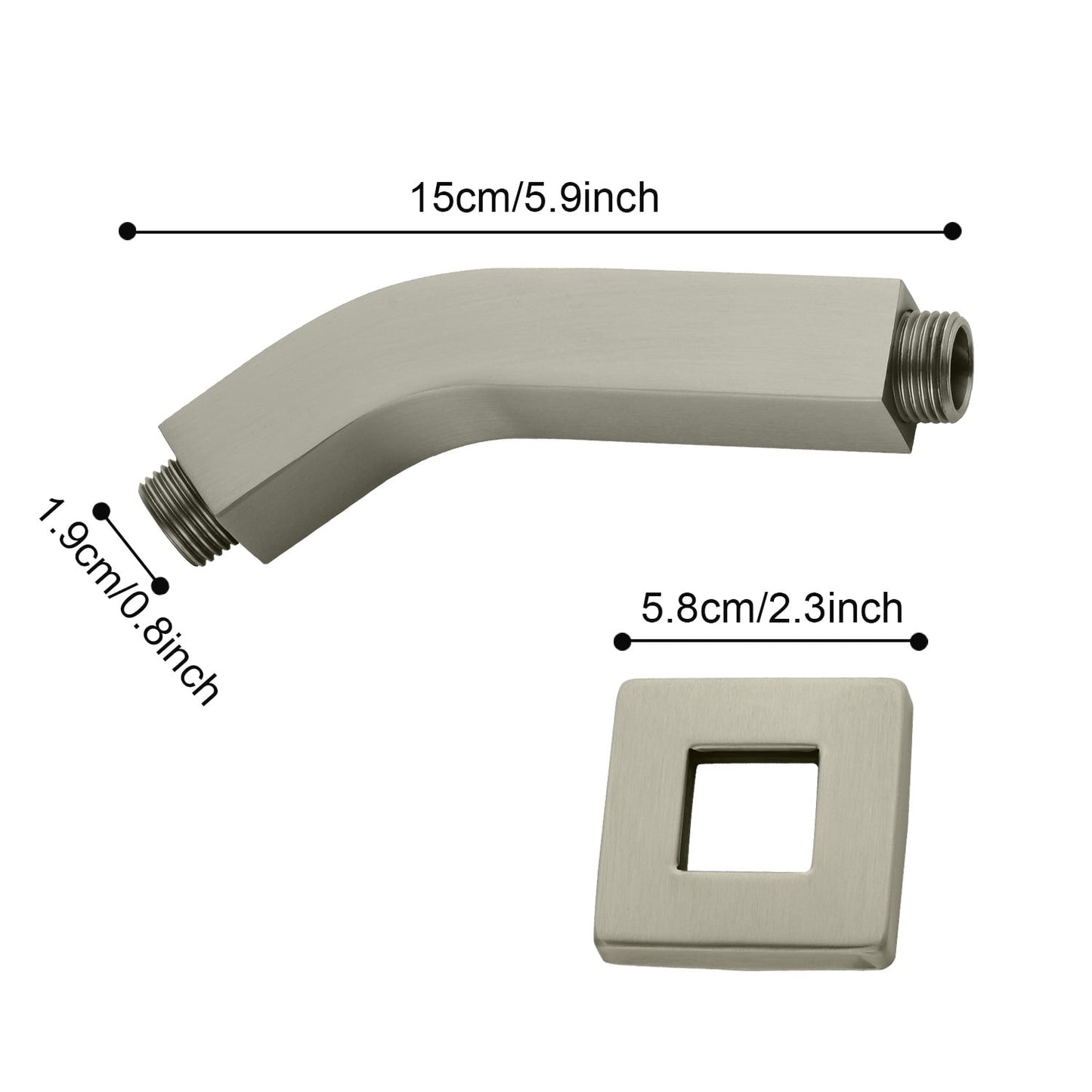 Square Shower Arm with Flange, 1/2 NPT Tapered Threads, Rain Shower Head Arm, Wall Mount Shower Extension Arm