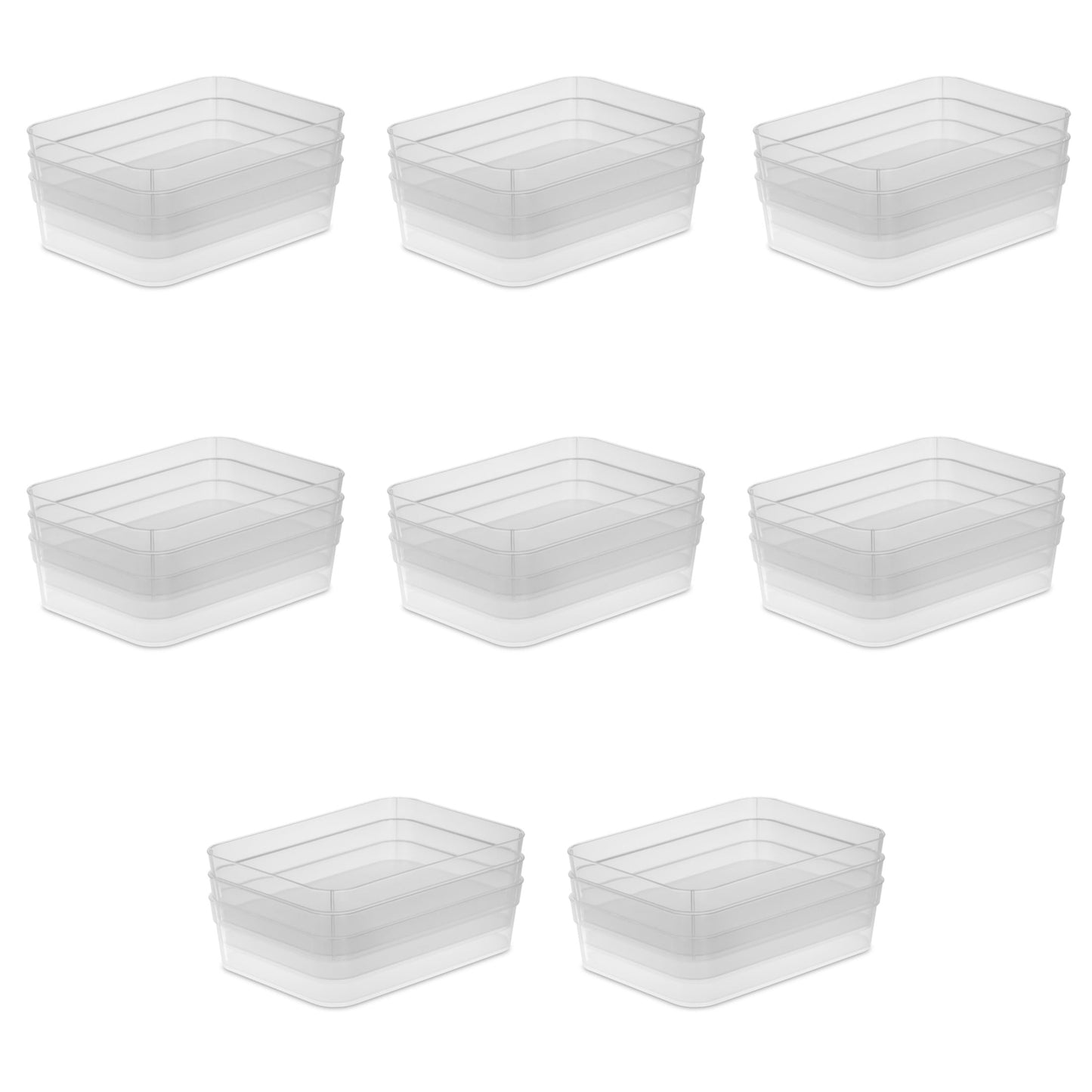 Sterilite Set (3) Large Storage Trays, Clear Plastic Open Bins, Drawer Organizers, 8 Count