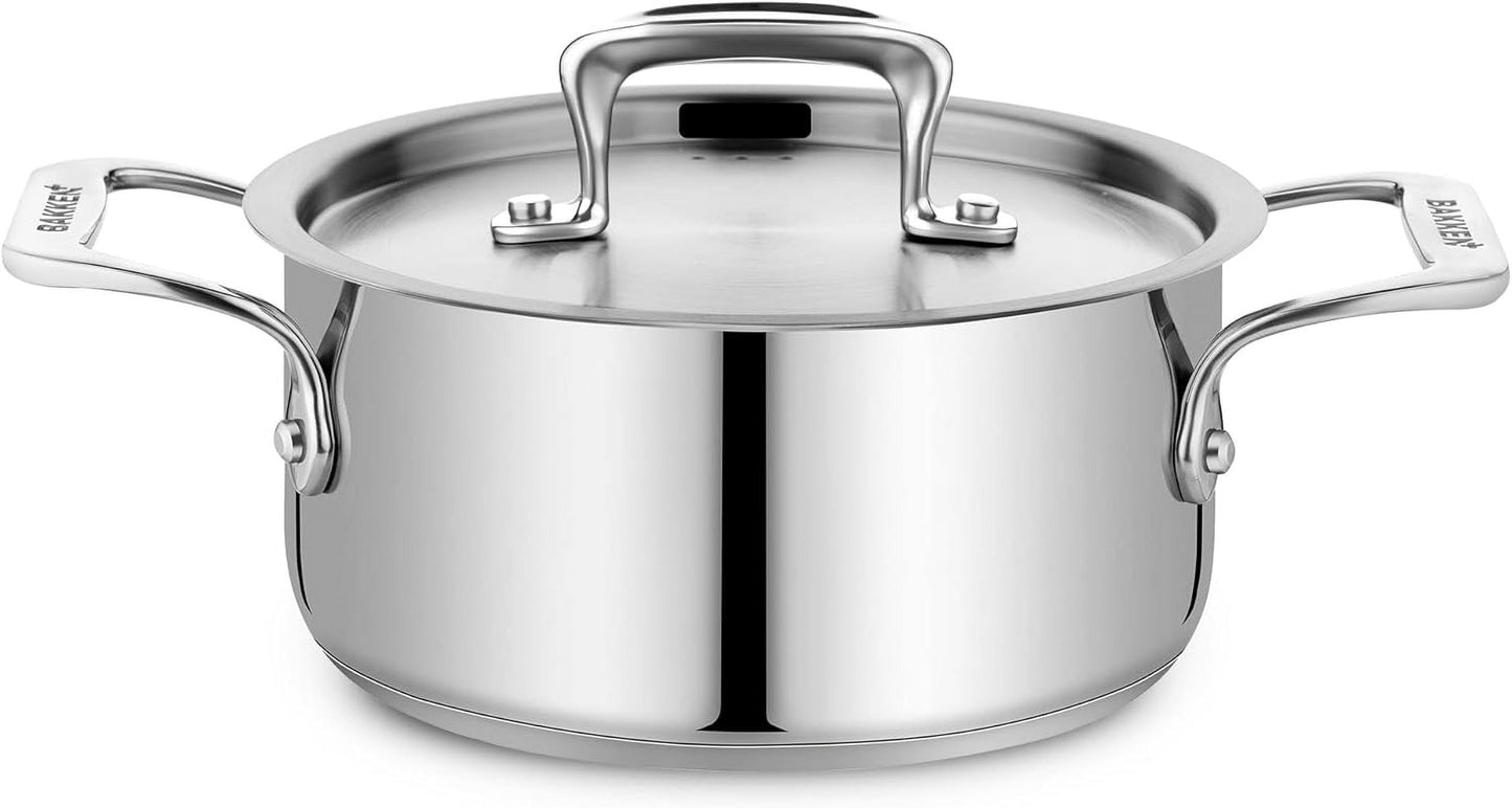 Bakken 2-Quart Stainless Steel Stockpot with Lid, Heavy-Duty 18/8 Steel, Riveted Handles, Oven & All-Stove Safe