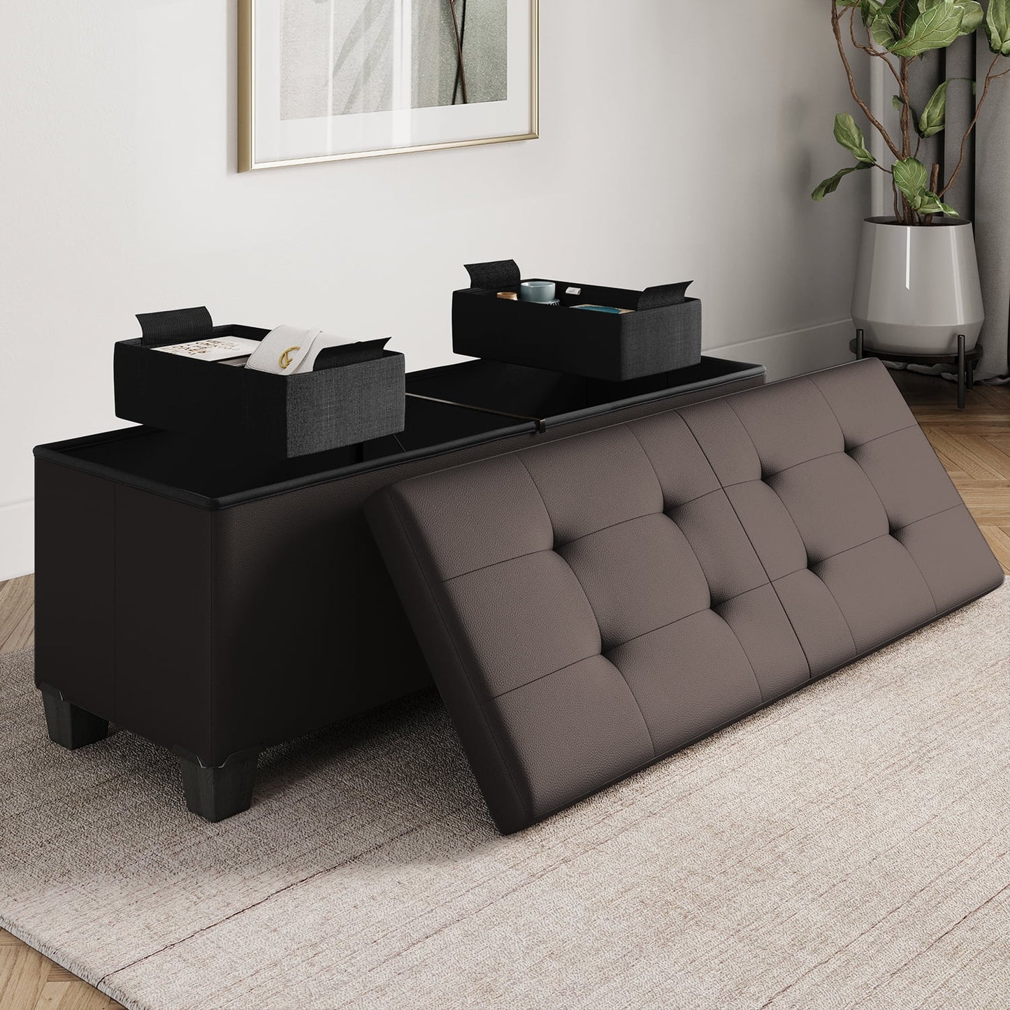StorageBud Ottoman with Storage Bench, 43-inch Storage Ottoman, Leather, Brown