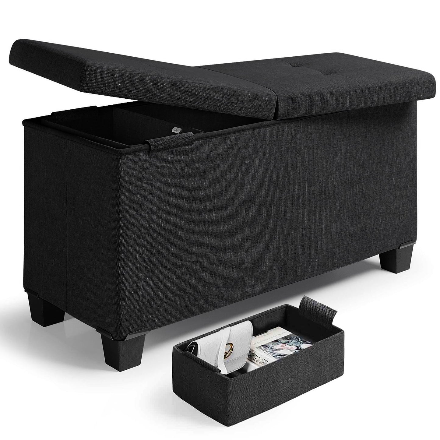Storagebud Ottoman Storage Bench, Linen 30" Ottoman with Storage, Black