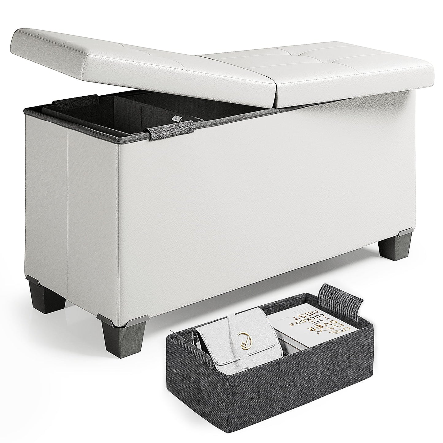 Storagebud Ottoman Storage Bench, Linen 30" Storage Ottoman Bench, White