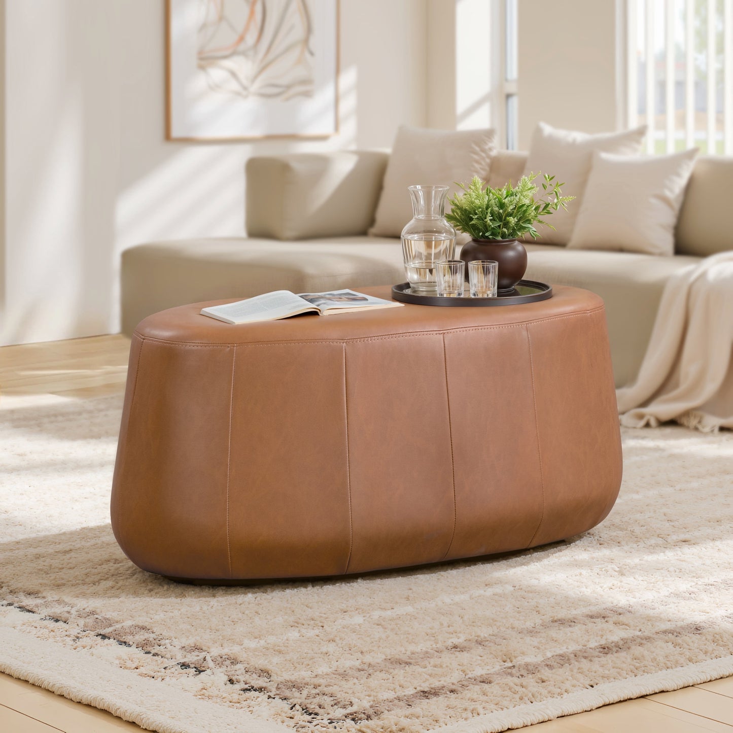 Studio Living Kingston Modern Upholstered Ottoman, Carmel Faux Leather