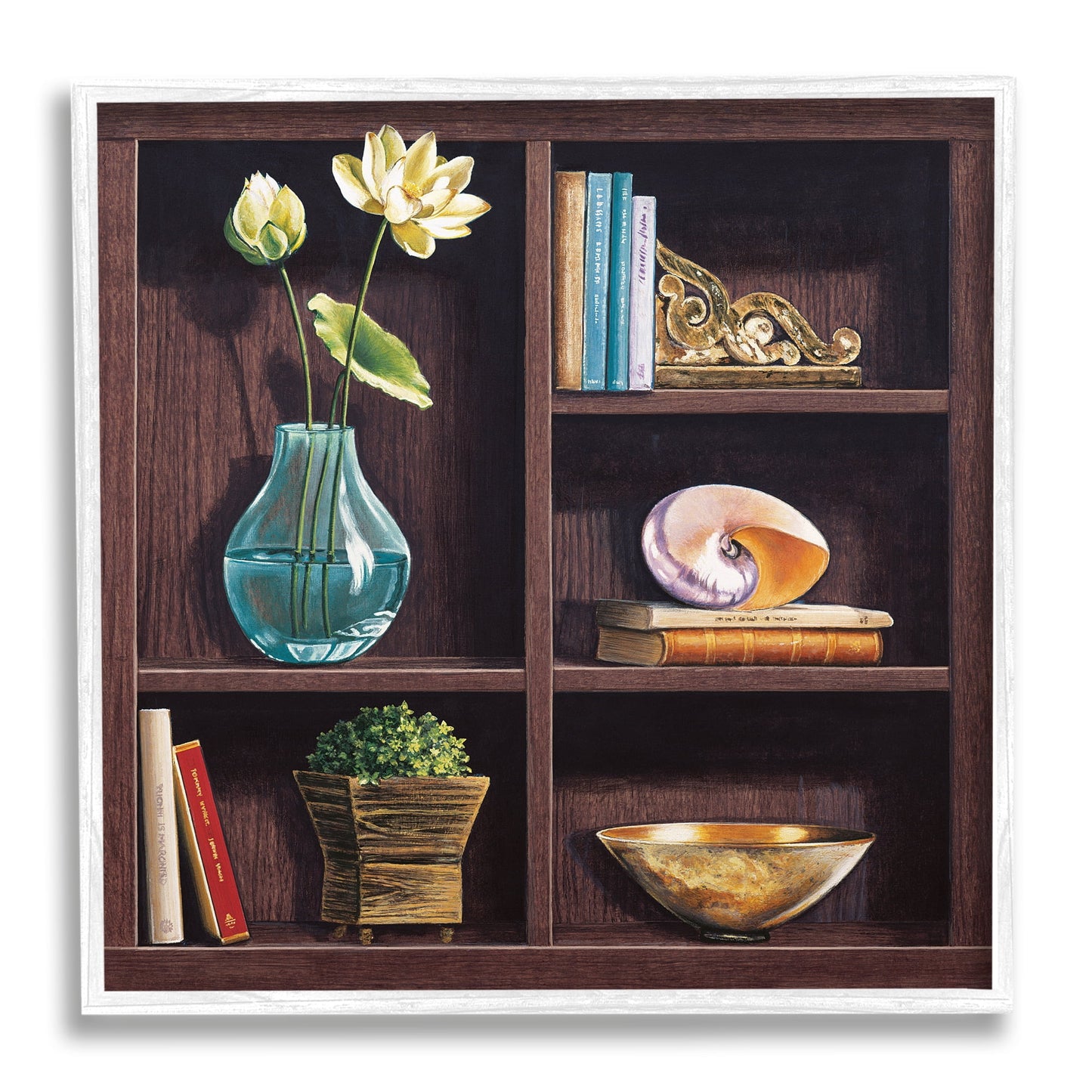 Stupell Industries Elegant Bookshelf Still-Life with Lotus Floral Vase, 24 x 24, Designed by Isabella Rossetti