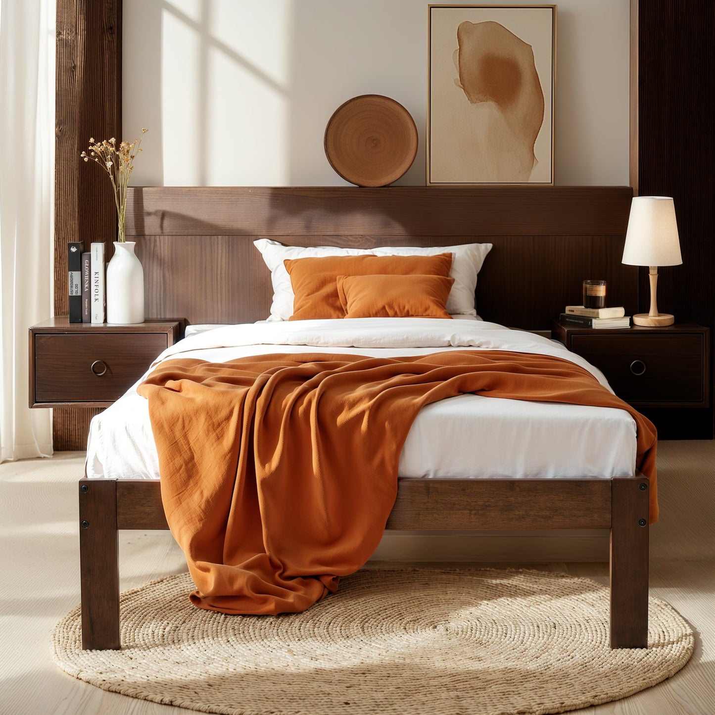 Subrtex 12" Solid Wood Platform Bed Frame with Wooden Slats, Walnut, Twin