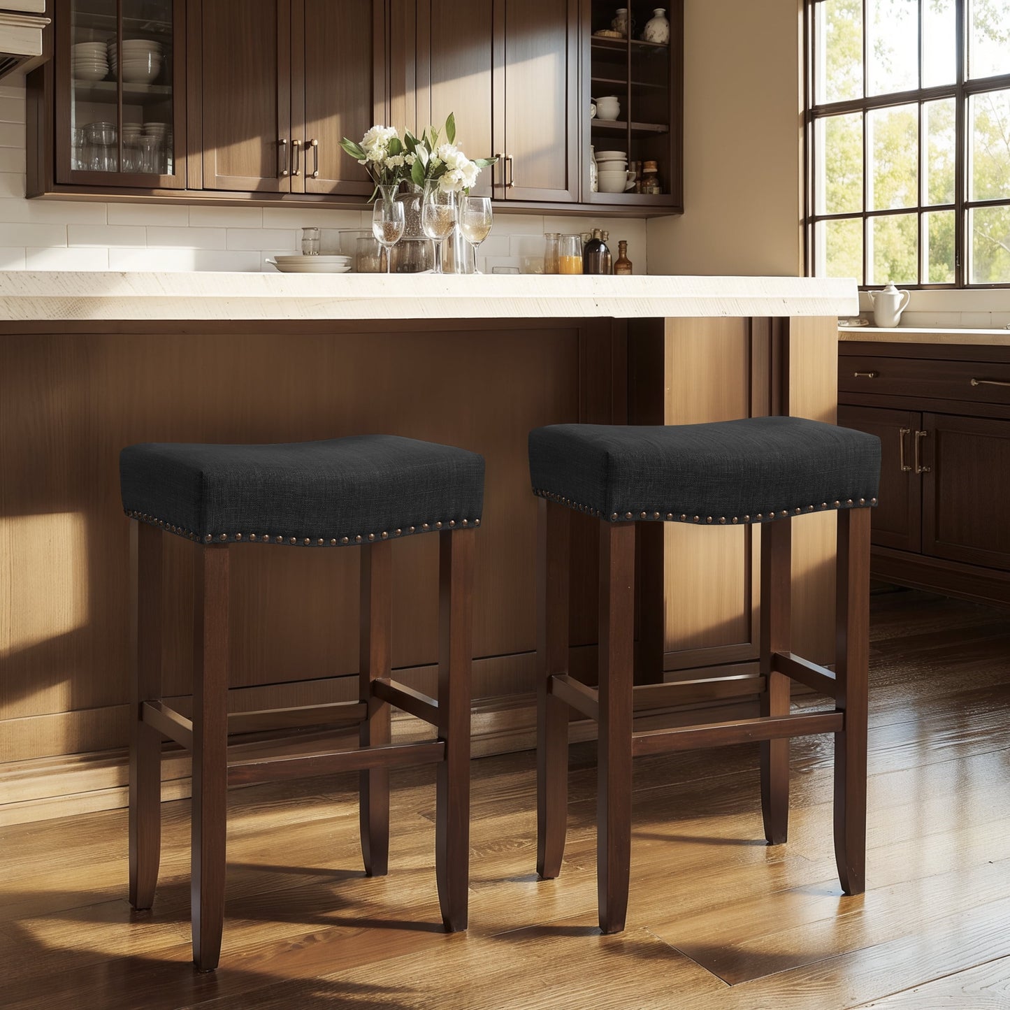 Subrtex 24" Backless Bar Stool, Wood Upholstered Counter Stool for Kitchen, Set of 2, Black