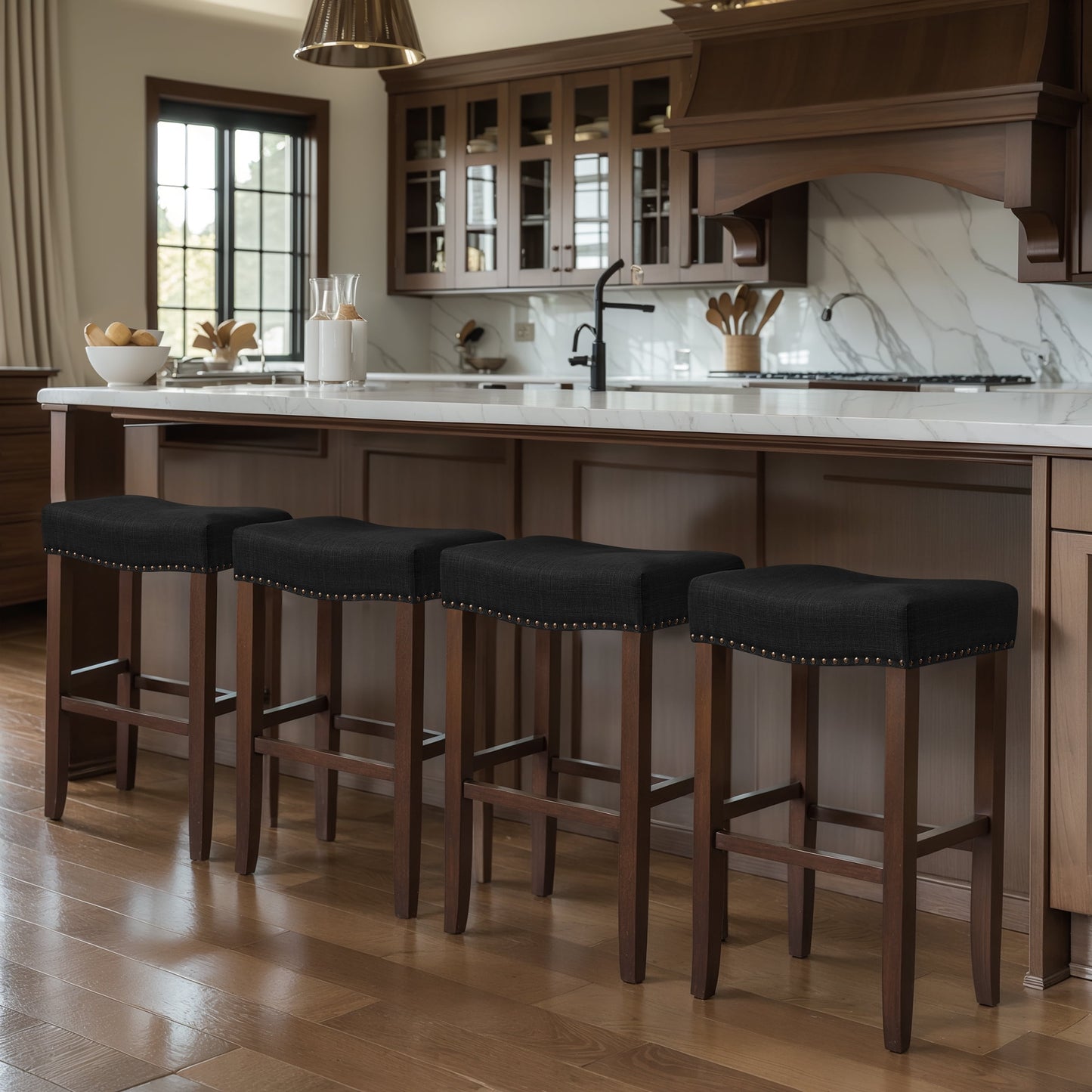 Subrtex 29" Backless Bar Stool, Wood Upholstered Saddle Counter Stool for Kitchen, Black