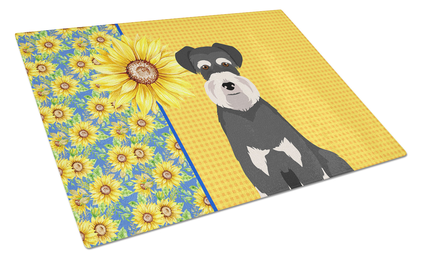 Summer Sunflowers Black and Silver Natural Ears Schnauzer Glass Cutting Board Large 12 in x 15 in