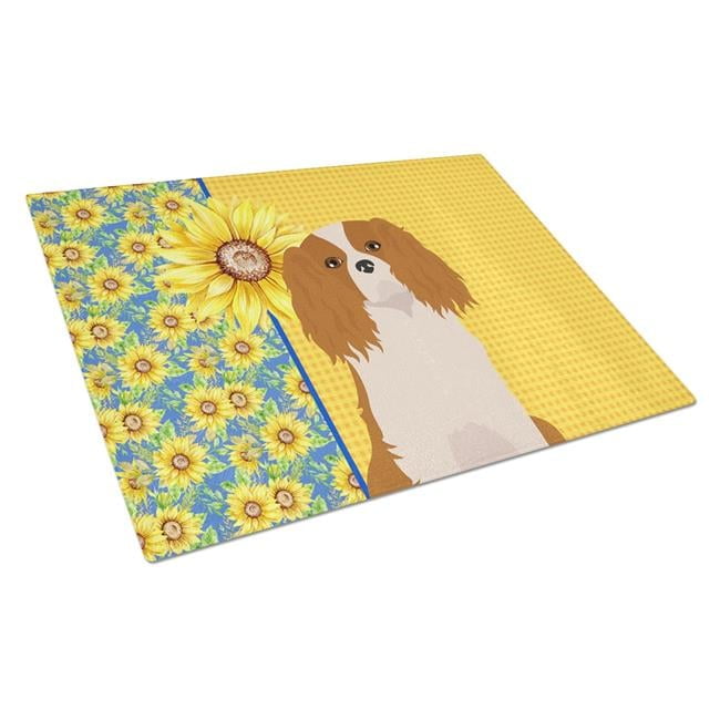 Summer Sunflowers Blenheim Cavalier Spaniel Glass Cutting Board Large 12 in x 15 in