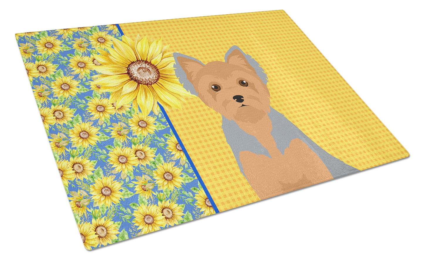 Summer Sunflowers Blue and Tan Puppy Cut Yorkshire Terrier Glass Cutting Board Large 12 in x 15 in