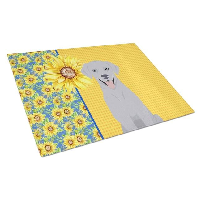 Summer Sunflowers Silver Labrador Retriever Glass Cutting Board Large 12 in x 15 in