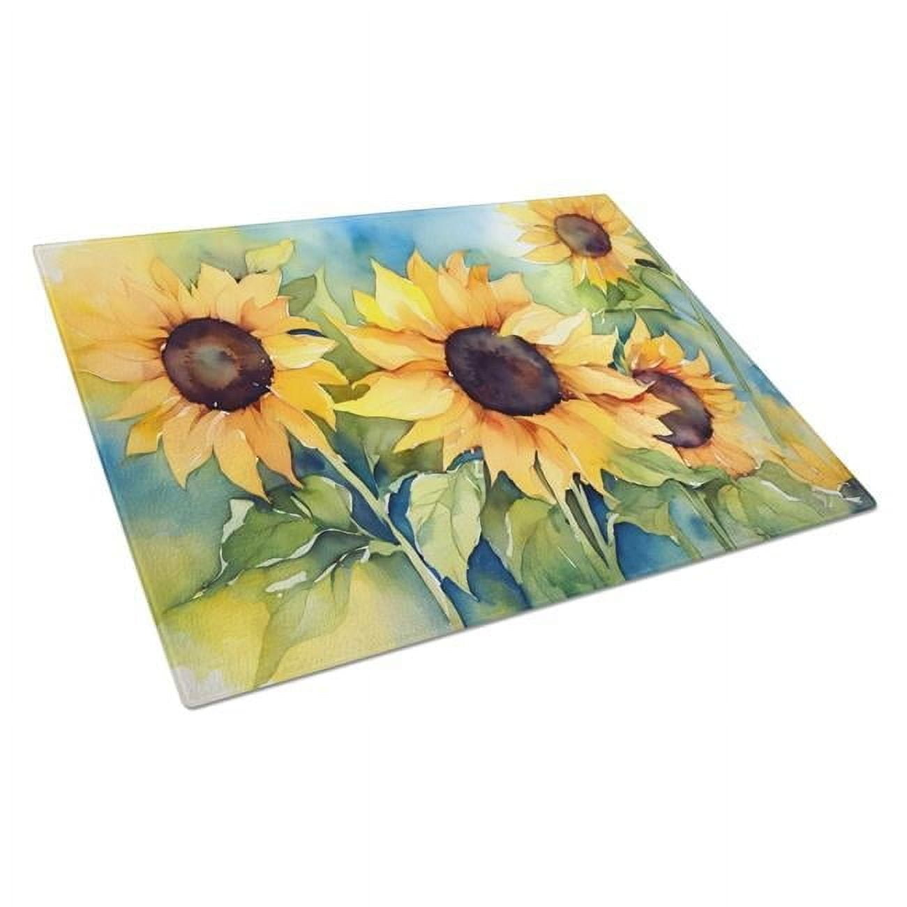 Sunflowers in Watercolor Glass Cutting Board Large 12 in x 15 in
