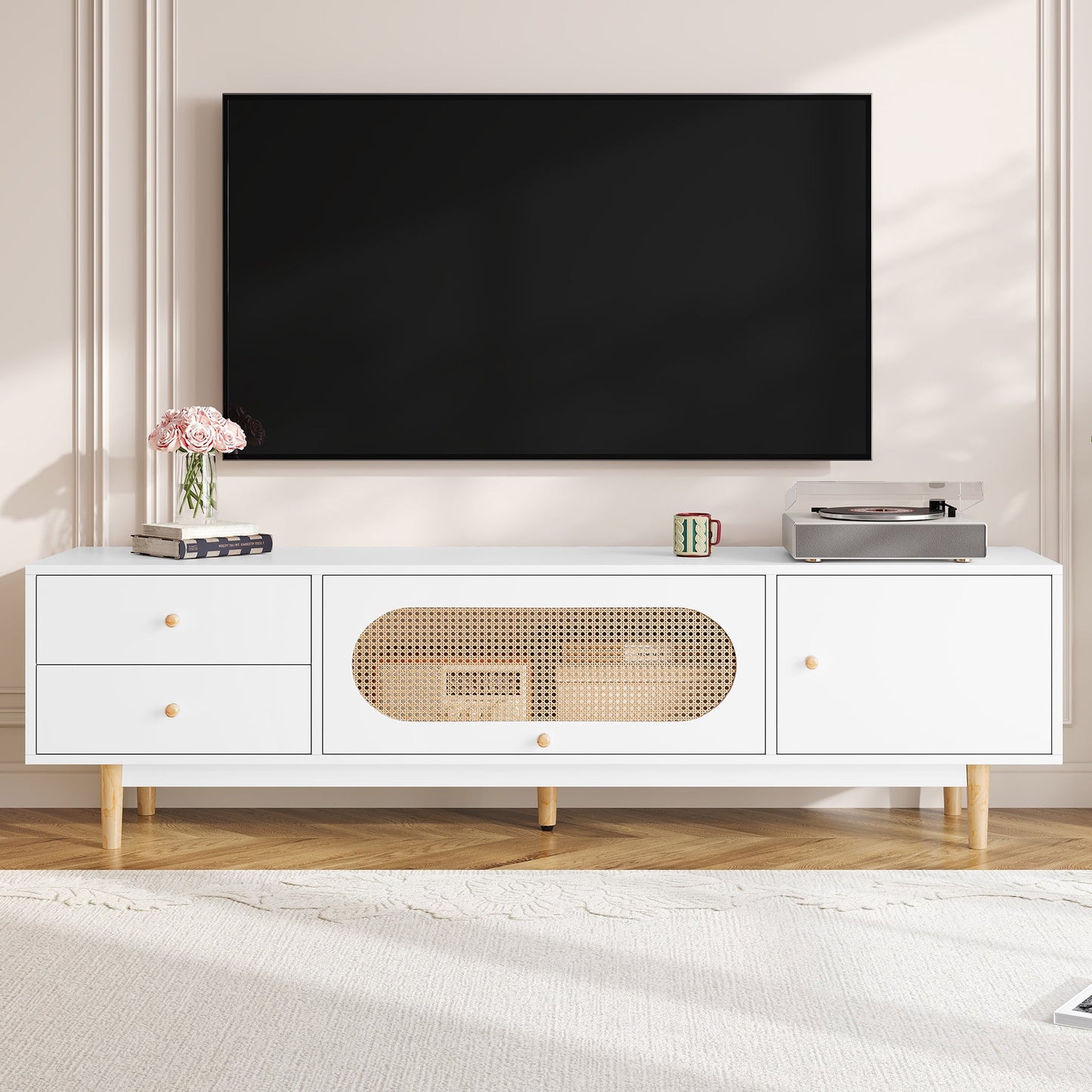 BaPiPro TV Stand for TVs up to 80 Inches, White, 2 Drawers, PE Rattan Flip-Up Door, Pine Wood Legs