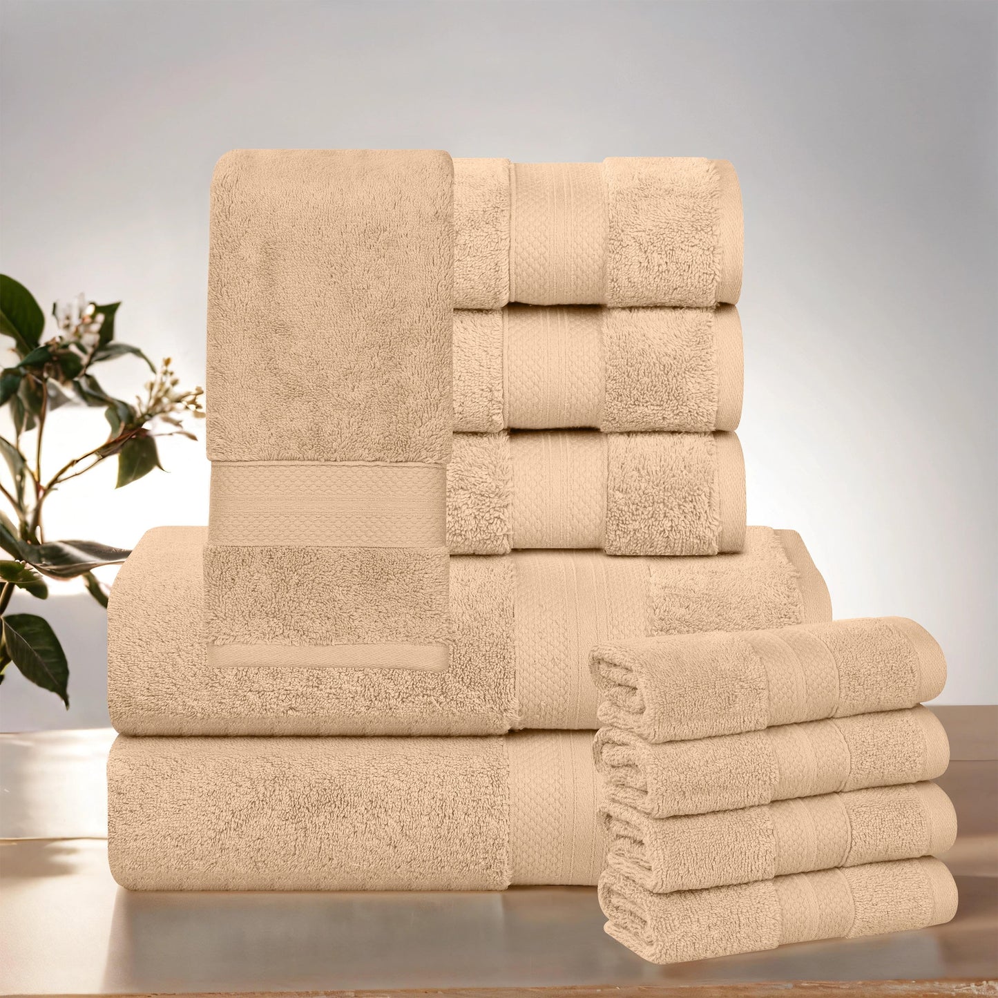 Superior Aria Turkish Cotton 10-Piece Towel Set, Ultra Soft Heavyweight Towels, Hazelnut