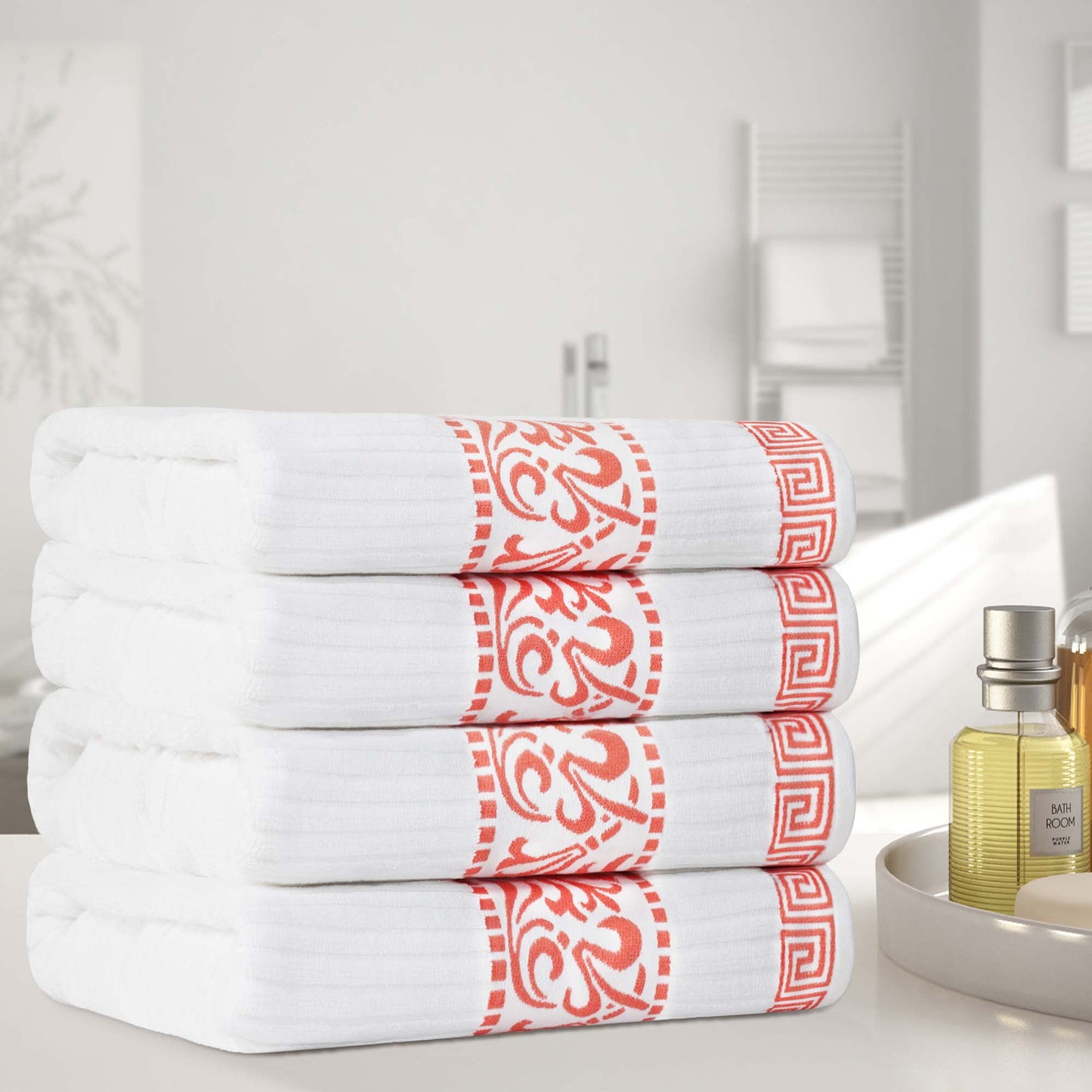Superior Athens Cotton Greek Scroll Bath Towel Set of 4, Coral
