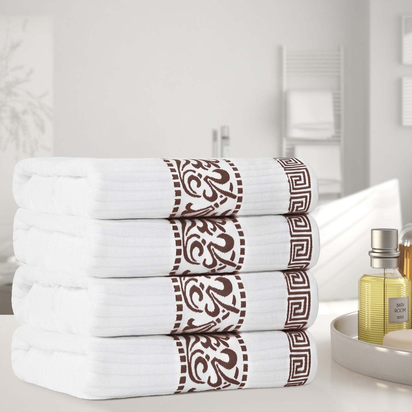 Superior Athens Cotton Greek Scroll Bath Towel Set of 4, White-Chocolate