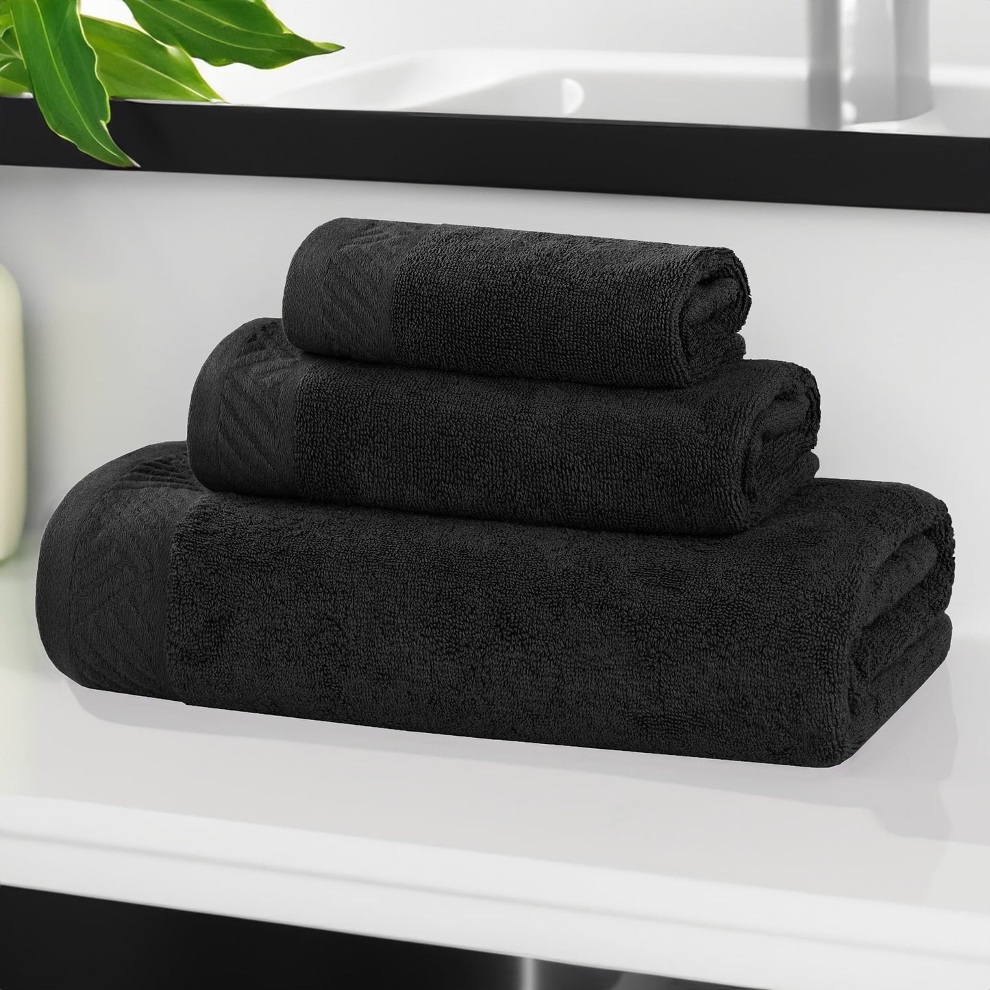 Superior Basketweave Egyptian Cotton Solid 3 Piece Towel Set, Black