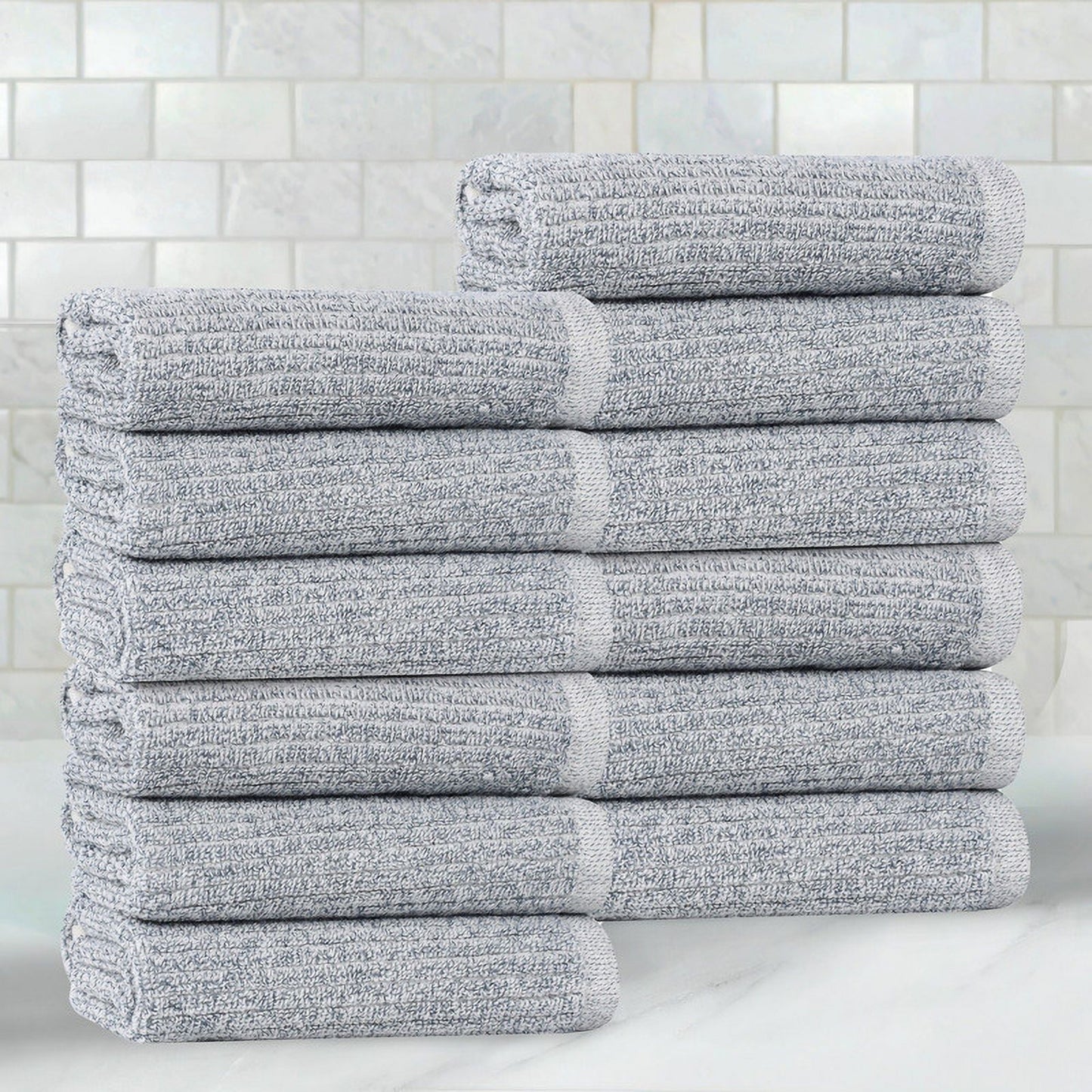Superior Destin Viscose 12 Piece Cotton Blend Face Towel Set, Medium Weight Soft Towels, Denim Blue