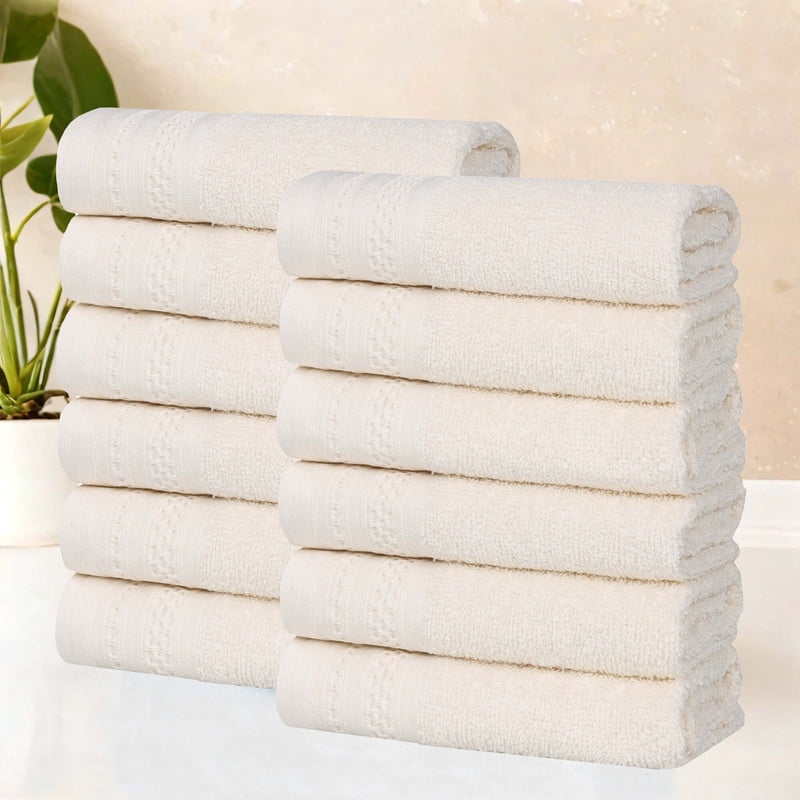 Superior Honeycomb Cotton Medium Weight Face Towels Washcloths, Set of 12, Ivory
