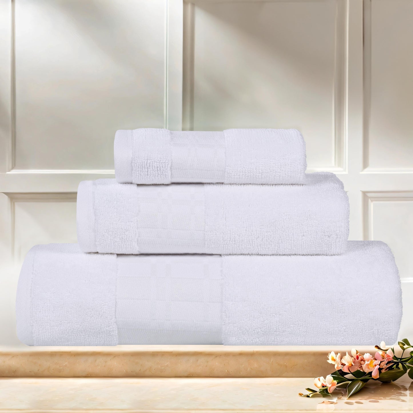 Superior Larissa 3-Piece Cotton Embroidered Towel Set, White-White