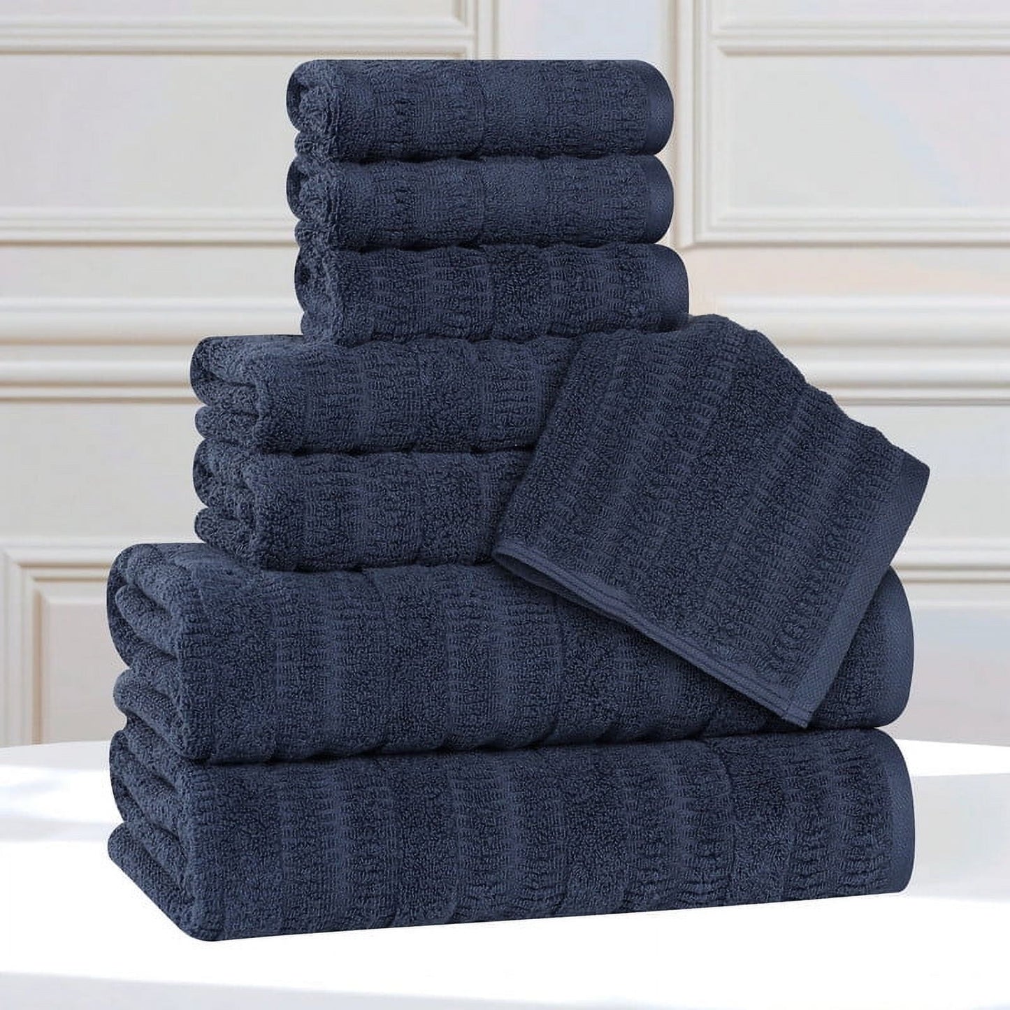 Superior Mika Smart Twist Cotton Medium Weight 8 Piece Towel Set, Quick Dry Towels, Navy Blue