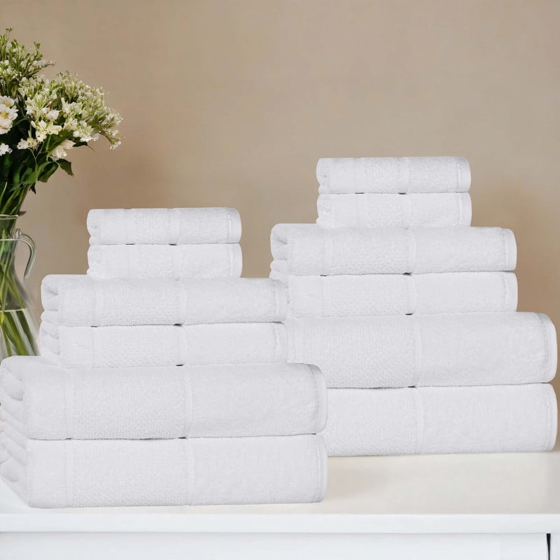 Superior Mile Smart Twist Cotton Medium Weight 12 Piece Towel Set, Ultra Absorbant Towels, White