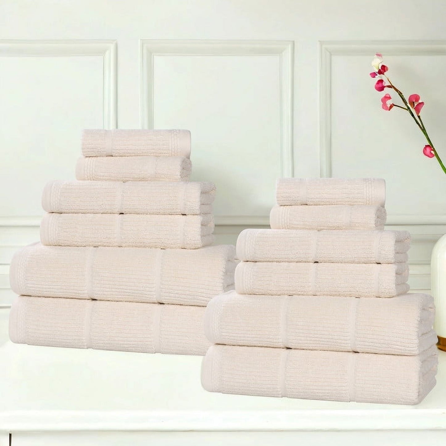 Superior Milo 12 Piece Smart Twist Cotton Towel Set, Medium Weight Ribbed Design Towels, Ivory