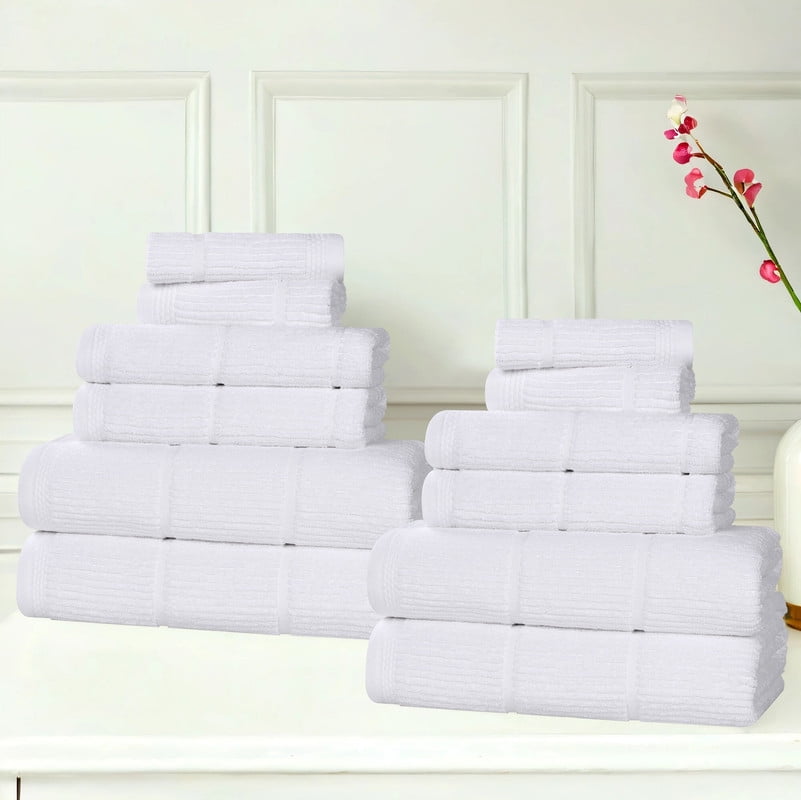 Superior Milo 12 Piece Smart Twist Cotton Towel Set, Medium Weight Ribbed Design Towels, White
