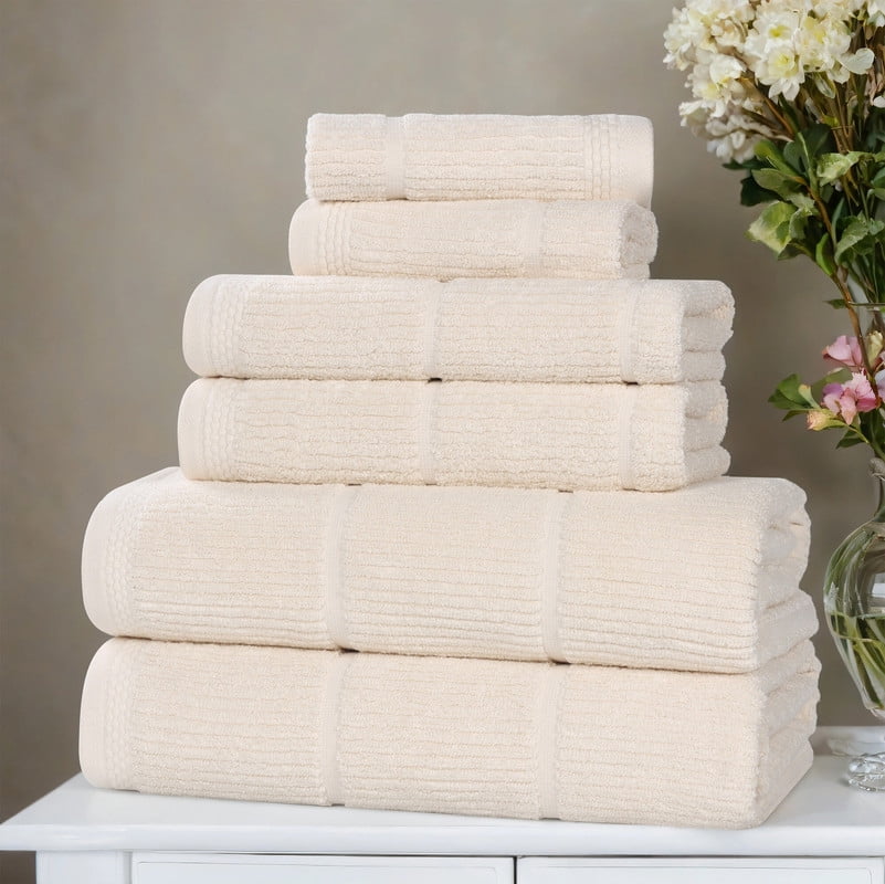 Superior Milo 6 Piece Smart Twist Cotton Towel Set, Medium Weight Ribbed Design Towels, Ivory
