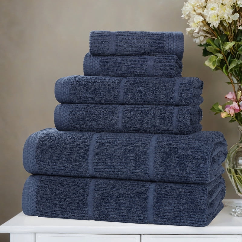 Superior Milo 6 Piece Smart Twist Cotton Towel Set, Medium Weight Ribbed Design Towels, Navy Blue